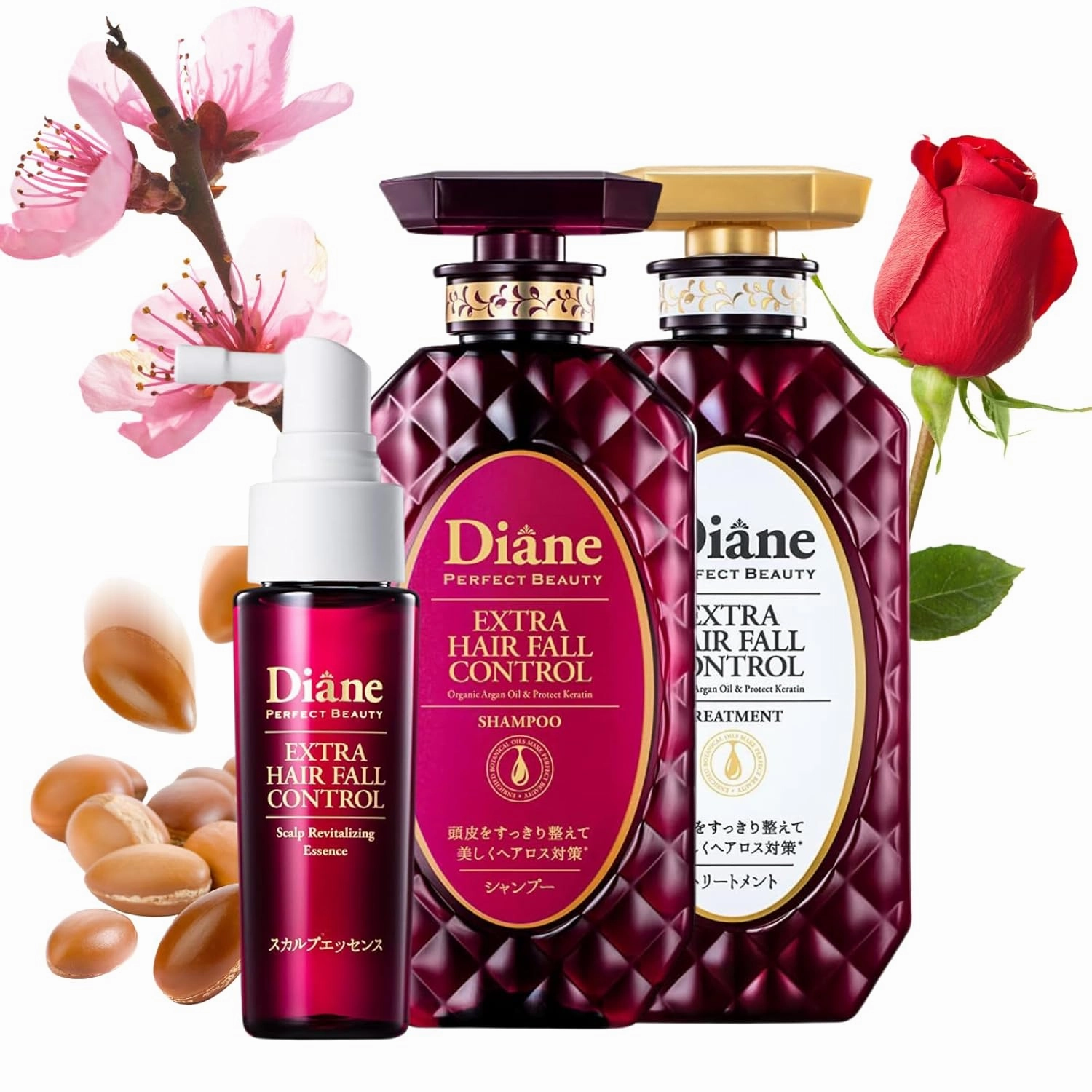 Moist Diane Hair Thickening Shampoo and Conditioner Set with Scalp Revitalizing Essence, Anti Hair Loss Shampoo for Women & Men with Keratin & Argan Oil from Japan, HAIR FALL CONTROL 30.4& 1.69 Fl Oz