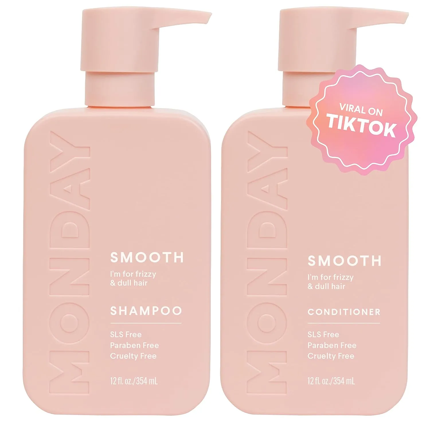MONDAY HAIRCARE Smooth Shampoo   Conditioner Bathroom Set (2 Pack) 12oz Each for Frizzy, Coarse, and Curly Hair, Made from Coconut Oil, Shea Butter, & Vitamin E, 100% Recyclable Bottles, Pink