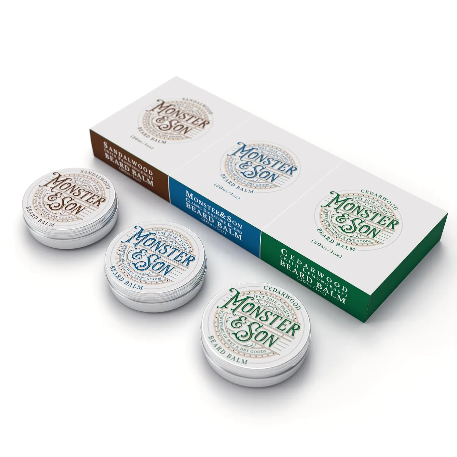 Monster&Son Organic Beard Balm Variety Pack x3 - Helps to Hydrate, Style and Promote New Hair Growth - Rich in Vitamins & Minerals - Jojoba Oil, Shea Butter, Coconut Oil - Ideal Gift for Bearded Men