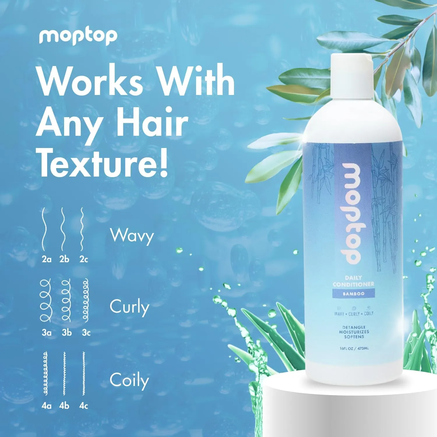 MopTop Daily Curly Hair Conditioner – Hair Moisturizer to Restore Dry, Damaged Hair & Reduce Frizz, Sulfate & Paraben Free Hair Care for All Hair Types – Wavy, Curly, Coily (Bamboo, 2pk)
