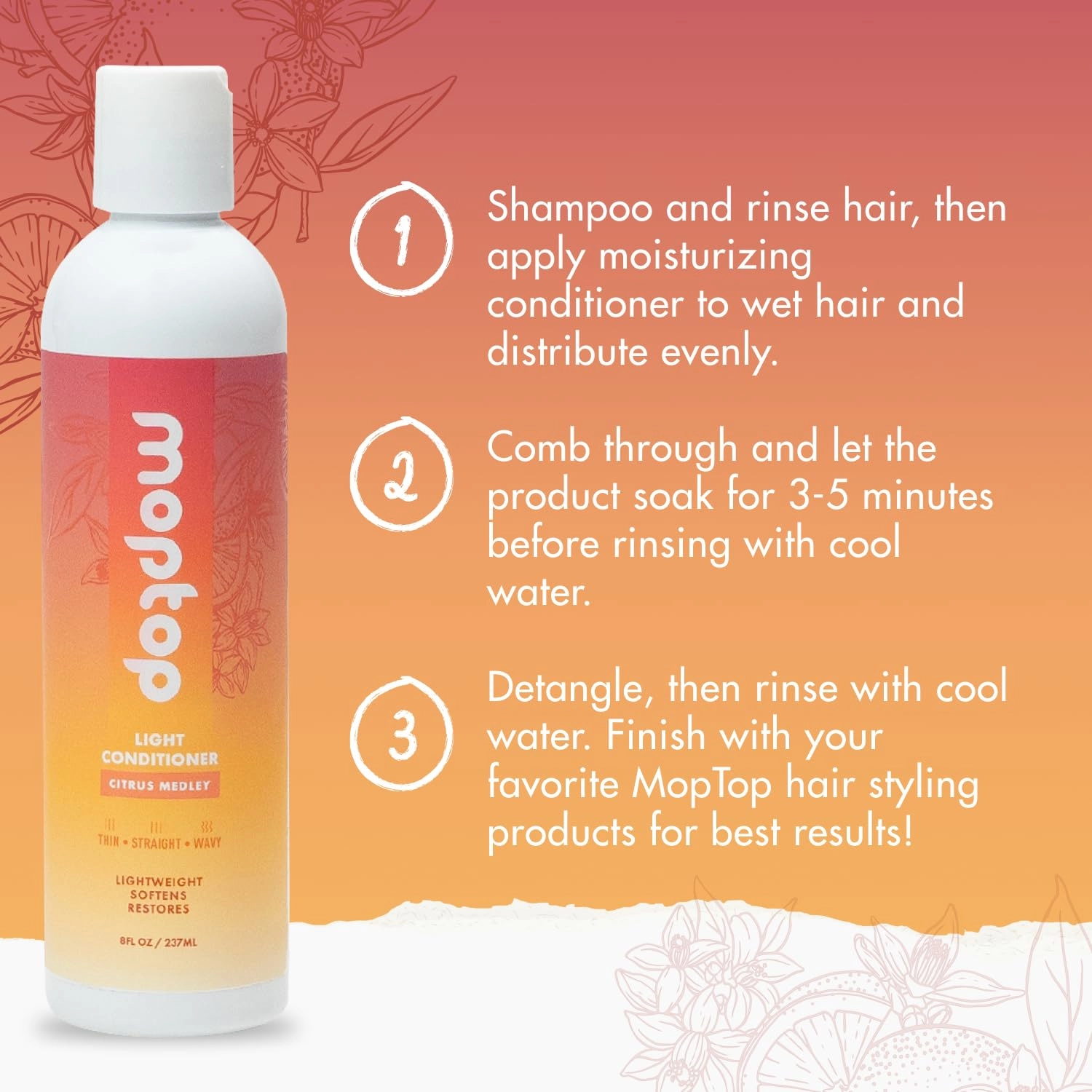 MopTop Light Conditioner – Lightweight Hair Moisturizer to Enhance Moisture & Reduce Frizz, Sulfate & Paraben Free Hair Care for All Hair Types – Thin, Straight, Wavy, Curly (Citrus Medley, 2pk)