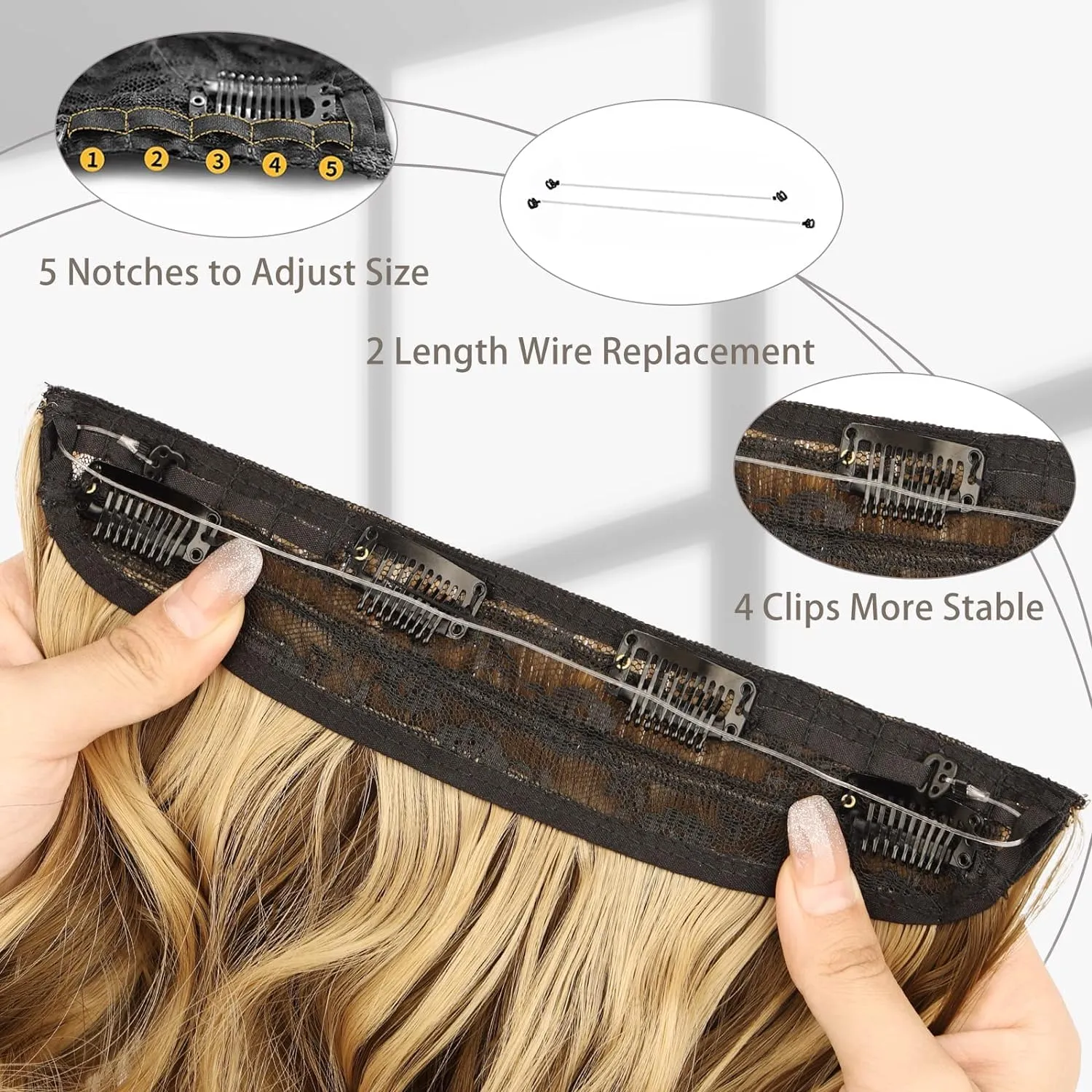 MORICA Invisible Wire Hair Extensions - 14 Inch Brown Mixed Blonde Long Wavy Synthetic Hairpiece with Transparent Wire Adjustable Size, 4 Secure Clips for Women(Brown Mixed Blonde,14Inch)