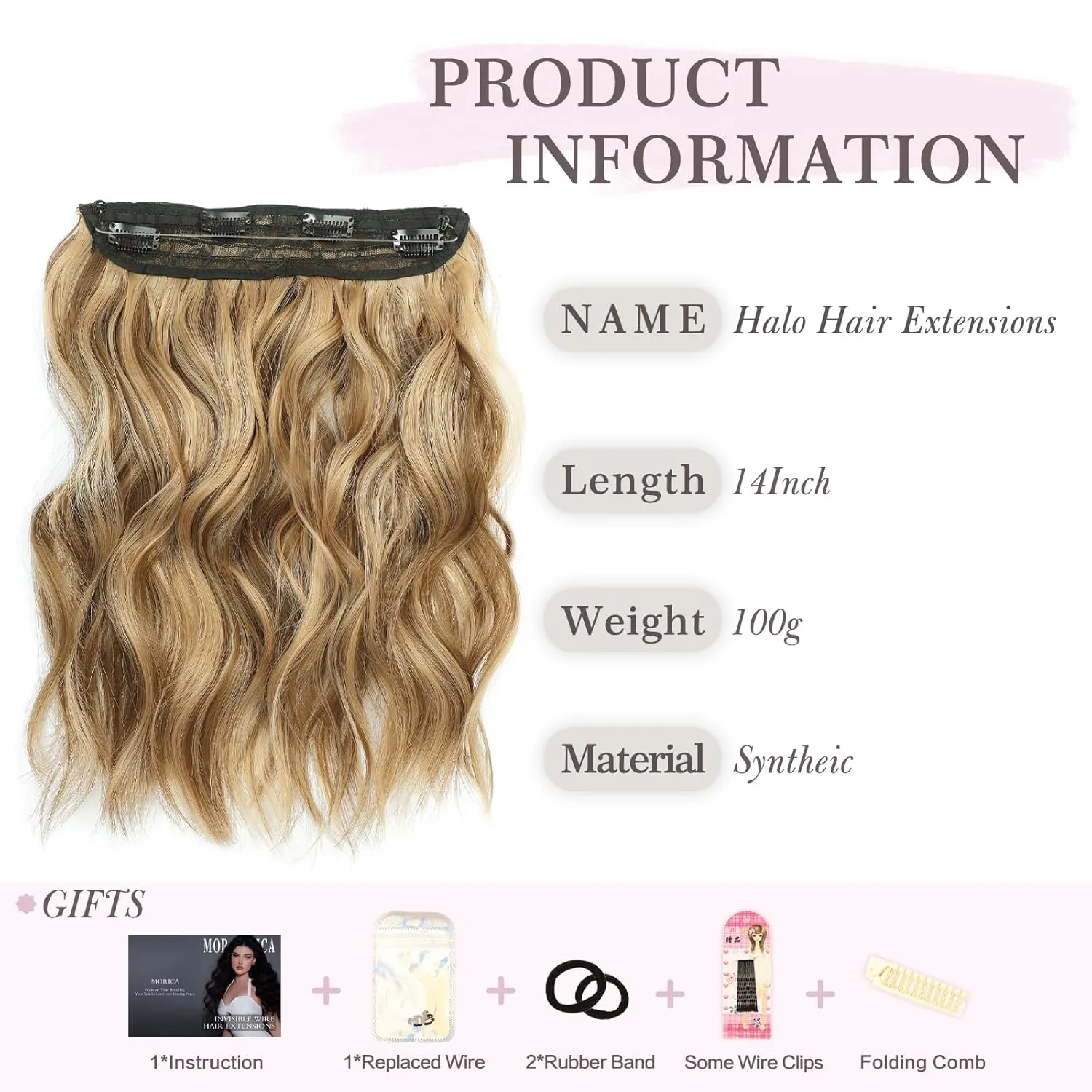 MORICA Invisible Wire Hair Extensions - 14 Inch Brown Mixed Blonde Long Wavy Synthetic Hairpiece with Transparent Wire Adjustable Size, 4 Secure Clips for Women(Brown Mixed Blonde,14Inch)