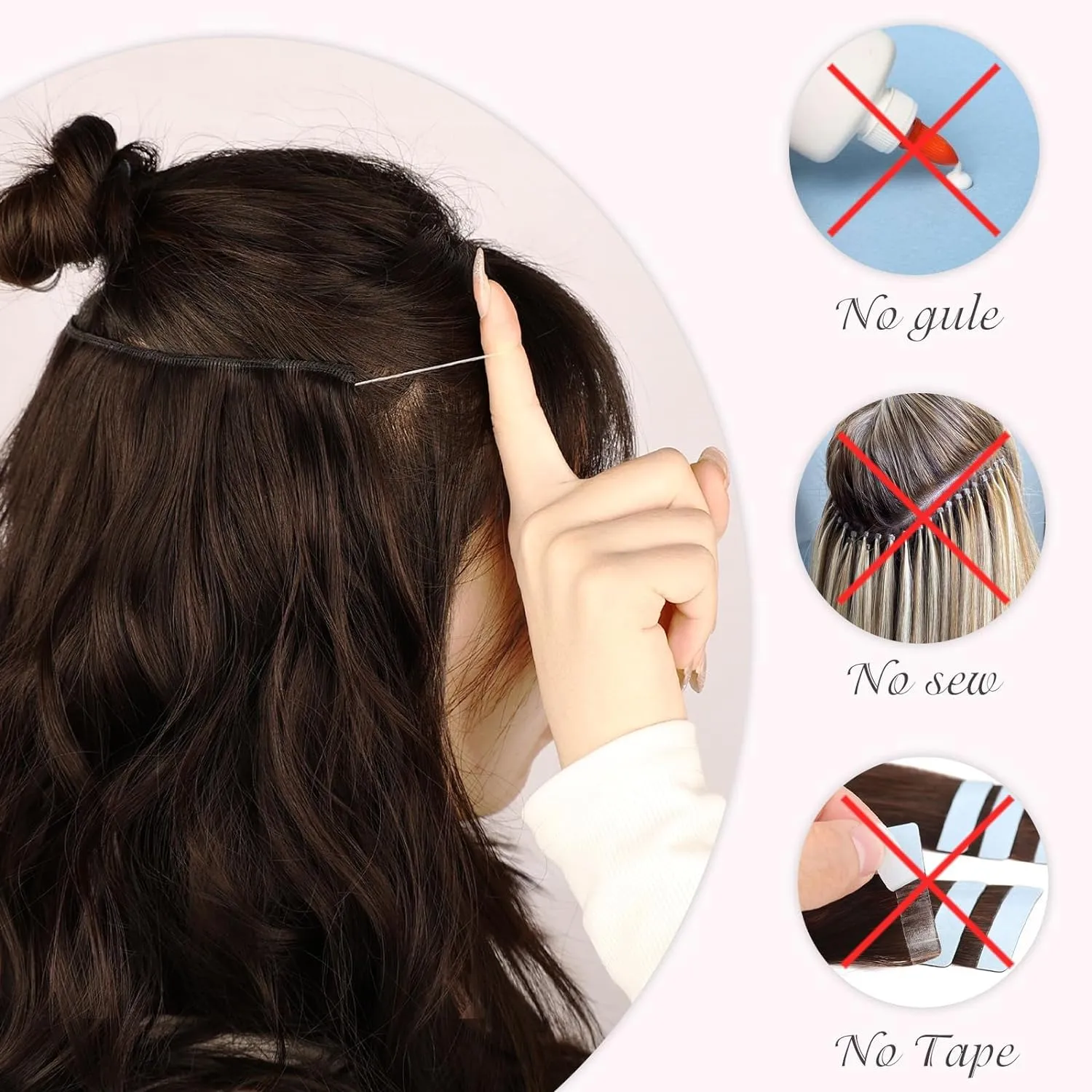 MORICA Invisible Wire Hair Extensions - 14 Inch Brown Mixed Blonde Long Wavy Synthetic Hairpiece with Transparent Wire Adjustable Size, 4 Secure Clips for Women(Brown Mixed Blonde,14Inch)