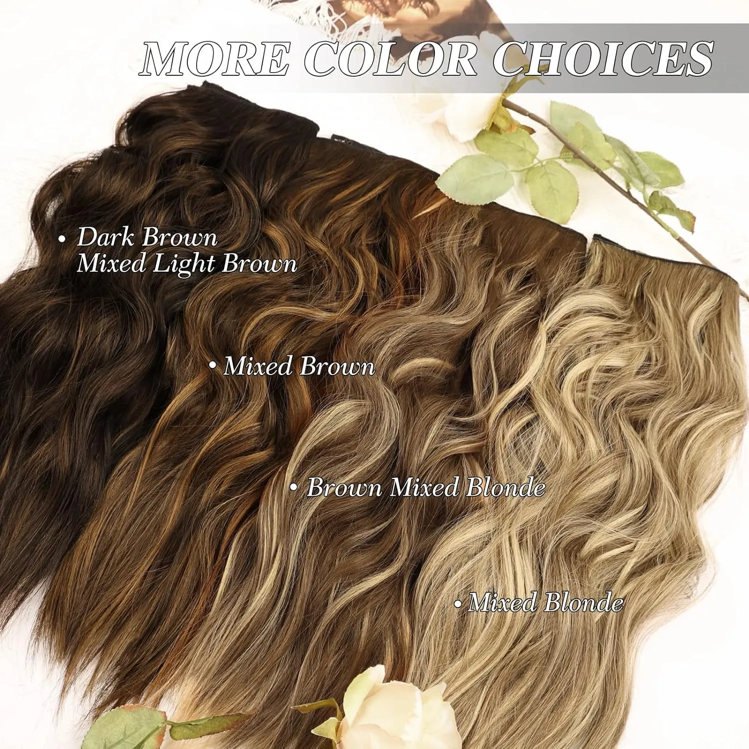 MORICA Invisible Wire Hair Extensions - 14 Inch Brown Mixed Blonde Long Wavy Synthetic Hairpiece with Transparent Wire Adjustable Size, 4 Secure Clips for Women(Brown Mixed Blonde,14Inch)