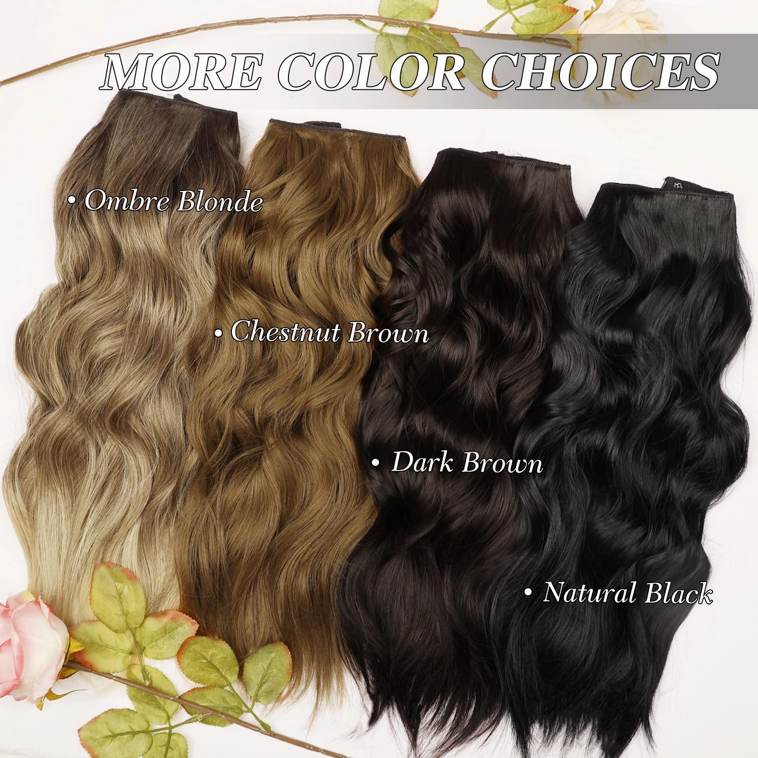MORICA Invisible Wire Hair Extensions - 20 Inch Brown Black Long Wavy Synthetic Hairpiece with Transparent Wire Adjustable Size, 4 Secure Clips for Women