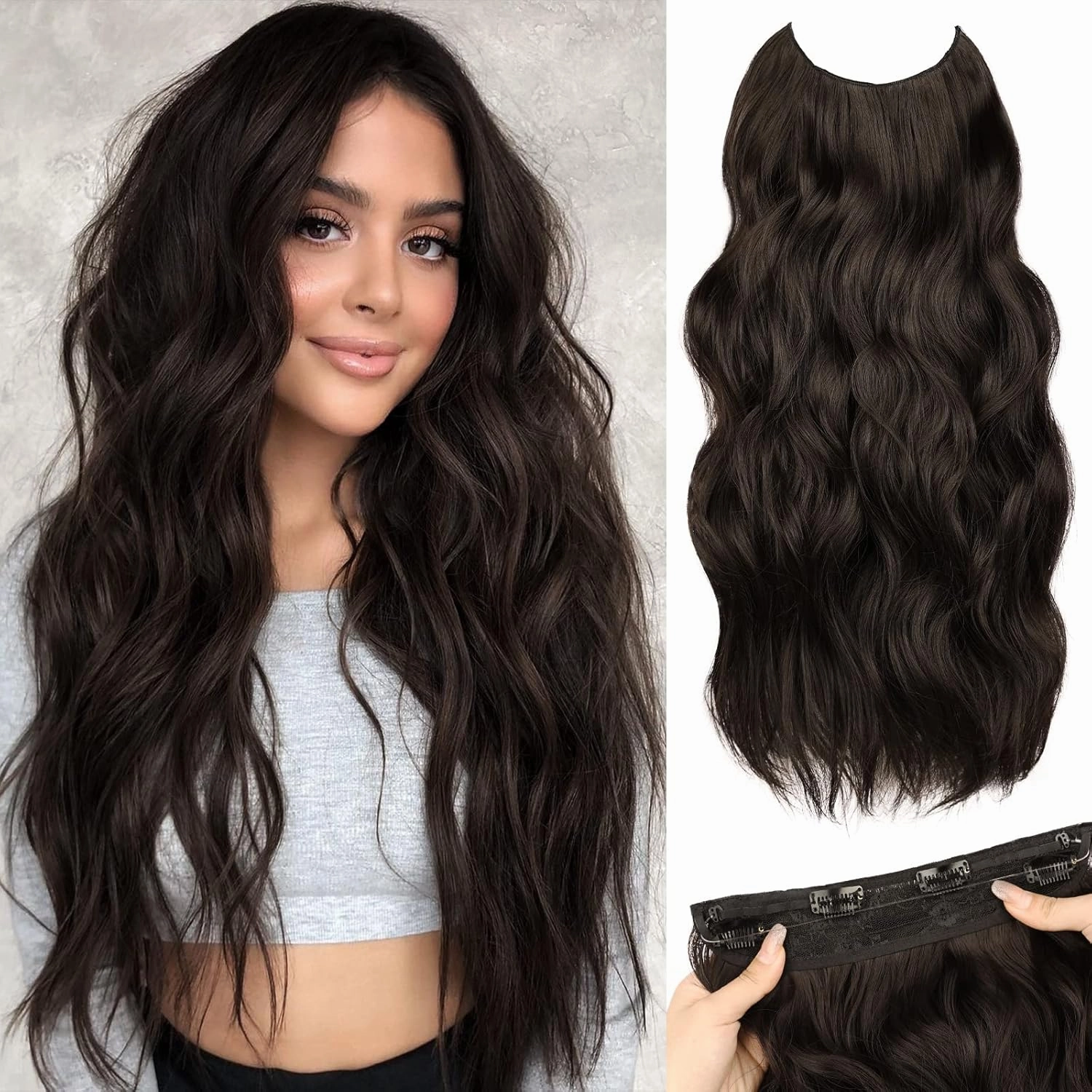 MORICA Invisible Wire Hair Extensions - 20 Inch Brown Black Long Wavy Synthetic Hairpiece with Transparent Wire Adjustable Size, 4 Secure Clips for Women