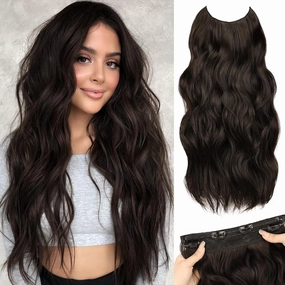 MORICA Invisible Wire Hair Extensions - 20 Inch Brown Black Long Wavy Synthetic Hairpiece with Transparent Wire Adjustable Size, 4 Secure Clips for Women