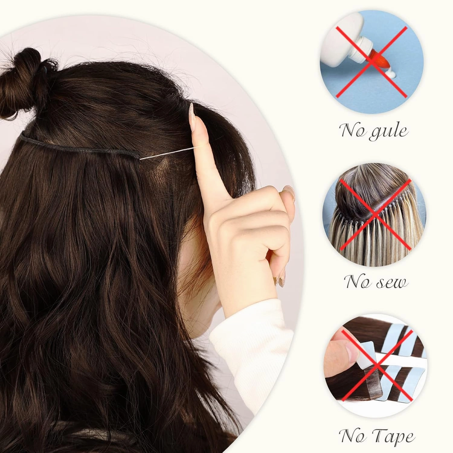 MORICA Invisible Wire Hair Extensions - 20 Inch Brown Black Long Wavy Synthetic Hairpiece with Transparent Wire Adjustable Size, 4 Secure Clips for Women