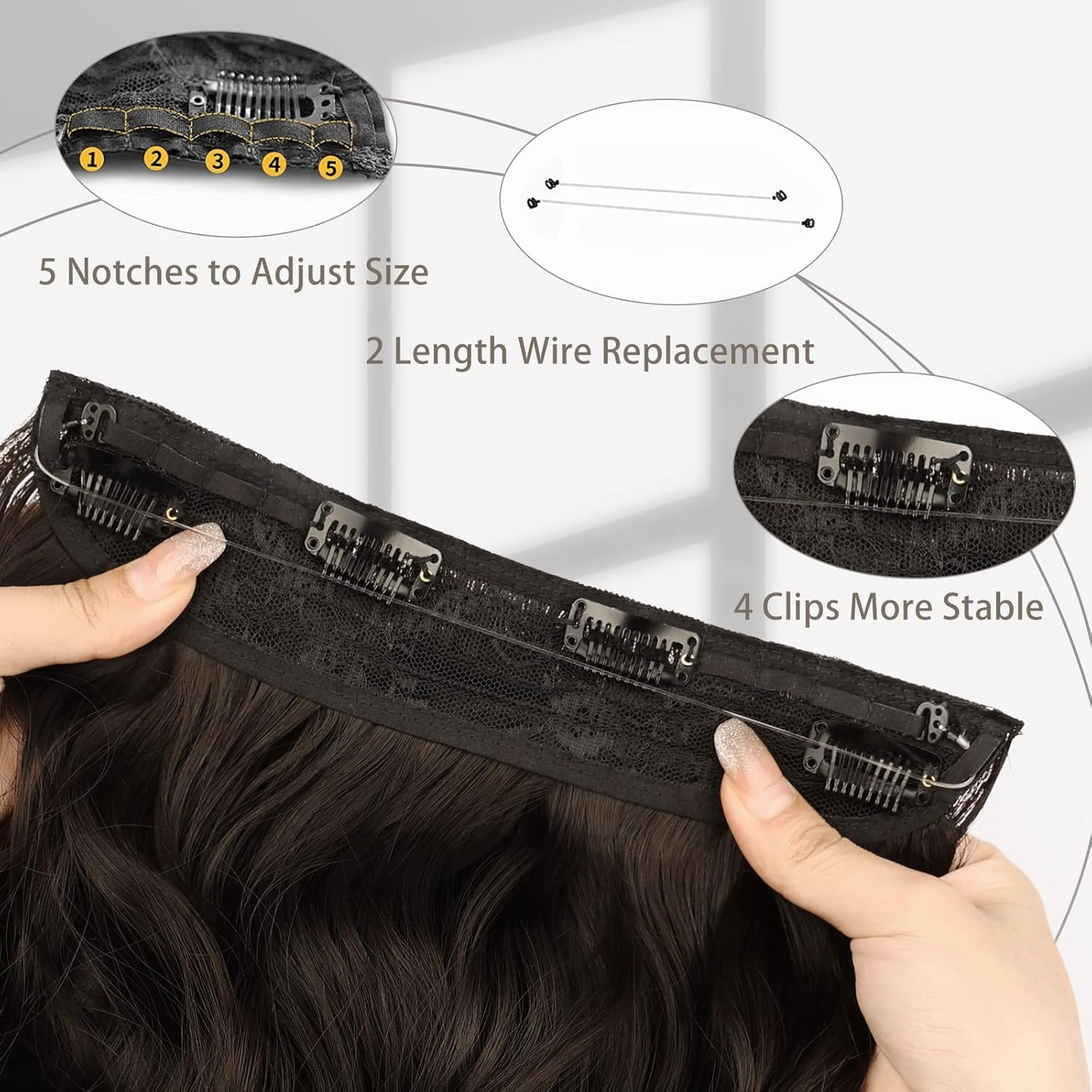 MORICA Invisible Wire Hair Extensions - 20 Inch Brown Black Long Wavy Synthetic Hairpiece with Transparent Wire Adjustable Size, 4 Secure Clips for Women