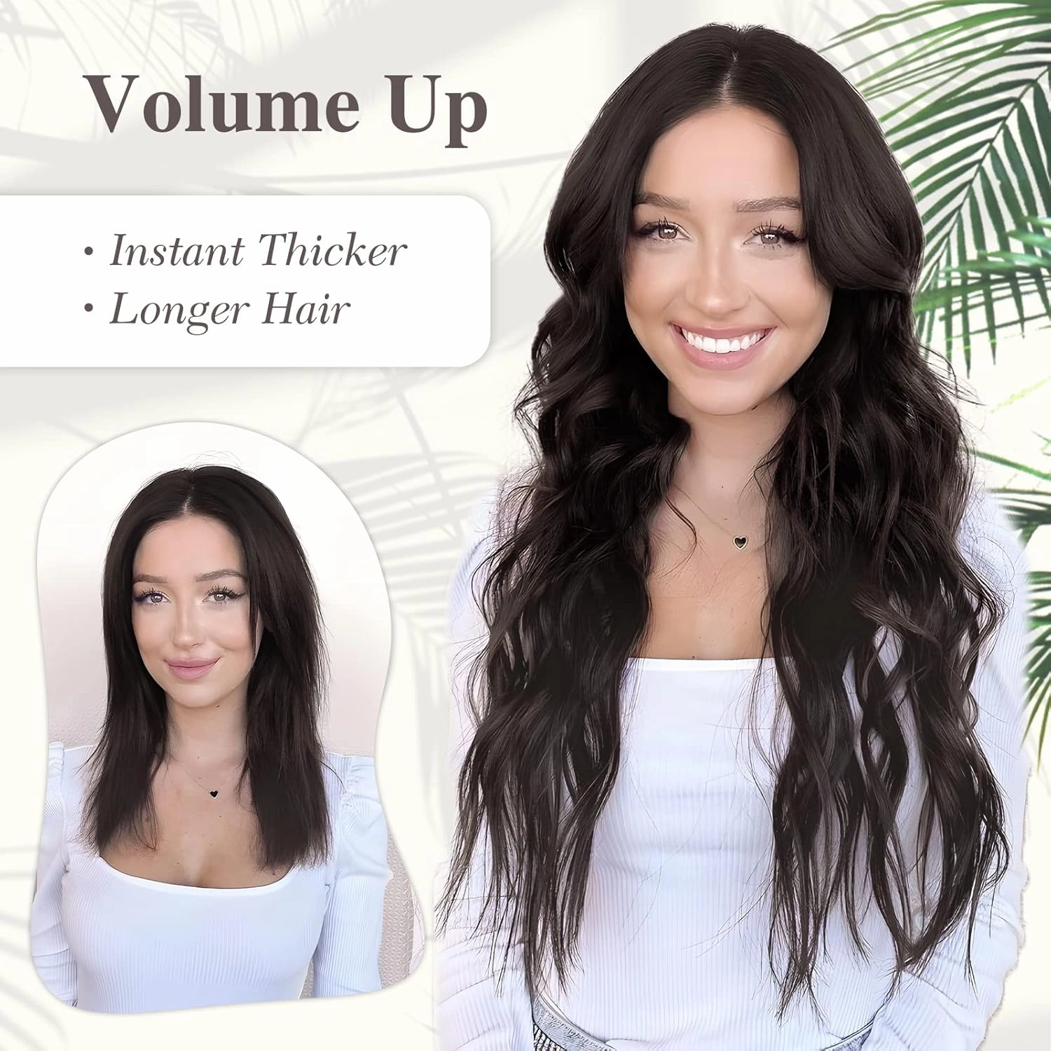 MORICA Invisible Wire Hair Extensions - 20 Inch Brown Black Long Wavy Synthetic Hairpiece with Transparent Wire Adjustable Size, 4 Secure Clips for Women