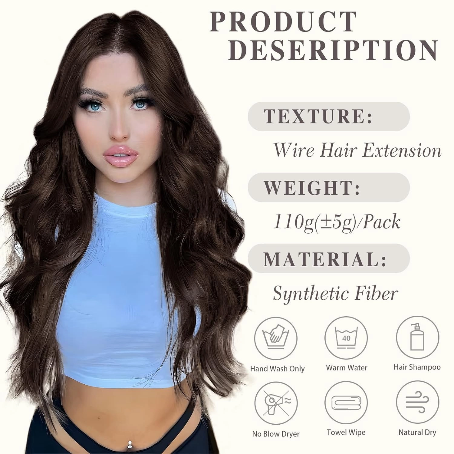 MORICA Invisible Wire Hair Extensions - 20 Inch Brown Black Long Wavy Synthetic Hairpiece with Transparent Wire Adjustable Size, 4 Secure Clips for Women