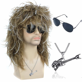 morvally Men’s Women 80s Rocker Mullet Wig with Glasses and Necklace Long Blonde Curly Glam Rock-Rockstar Wig Punk Heavy Metal Hair Wig Perfect for Halloween, Cosplay, DIY Themed Costume Party