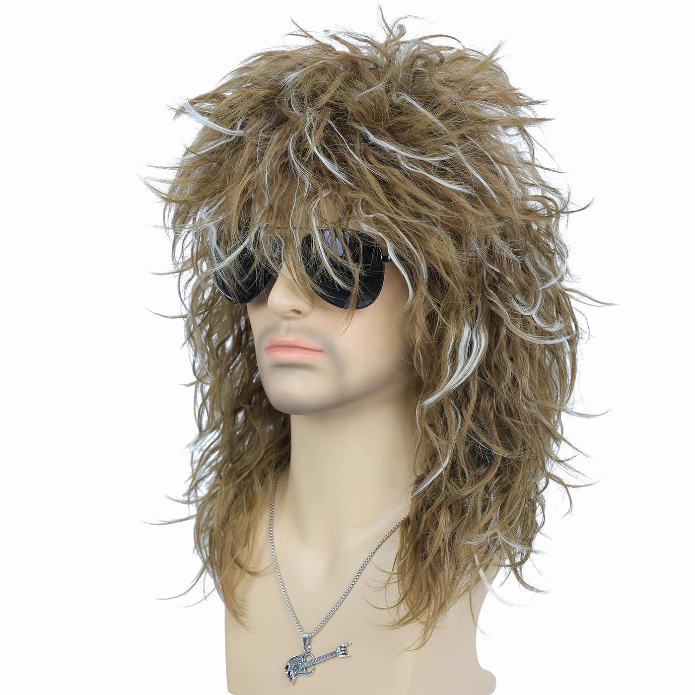 morvally Men’s Women 80s Rocker Mullet Wig with Glasses and Necklace Long Blonde Curly Glam Rock-Rockstar Wig Punk Heavy Metal Hair Wig Perfect for Halloween, Cosplay, DIY Themed Costume Party