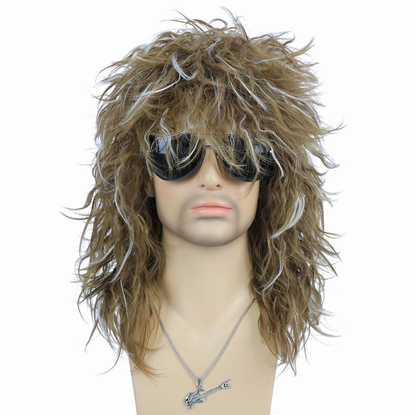 morvally Men’s Women 80s Rocker Mullet Wig with Glasses and Necklace Long Blonde Curly Glam Rock-Rockstar Wig Punk Heavy Metal Hair Wig Perfect for Halloween, Cosplay, DIY Themed Costume Party