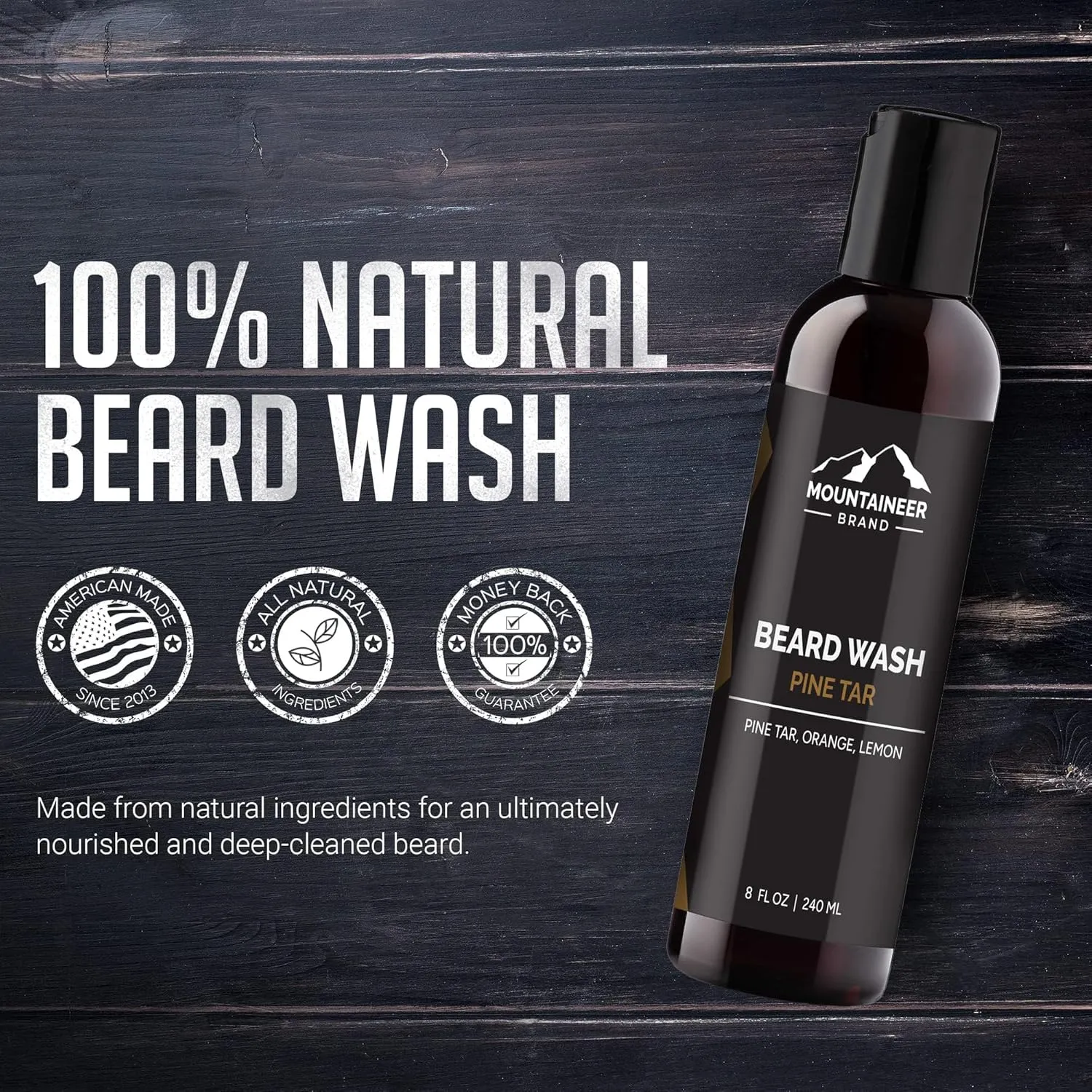 Mountaineer Brand Beard Wash For Men | 100% Natural Beard Shampoo | Thick Cleaning Softening Lather for Hair and Skin | Hydrate and Detangle | Grooming Treatment | WV Pine Tar Scent 8oz