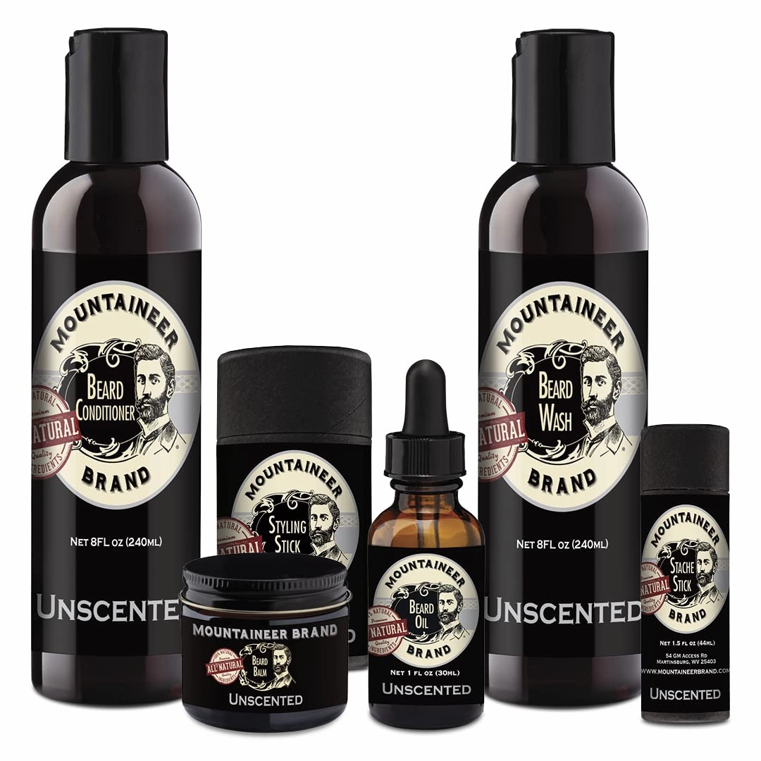 Mountaineer Brand BIG Beard Bundle | Beard Wash, Conditioner, Balm, Oil, Stache Stick, Styling Stick for Men | Cleans, Hydrates Wiry Beards | Leaves Hair Soft and Manageable | Original Blend Scent