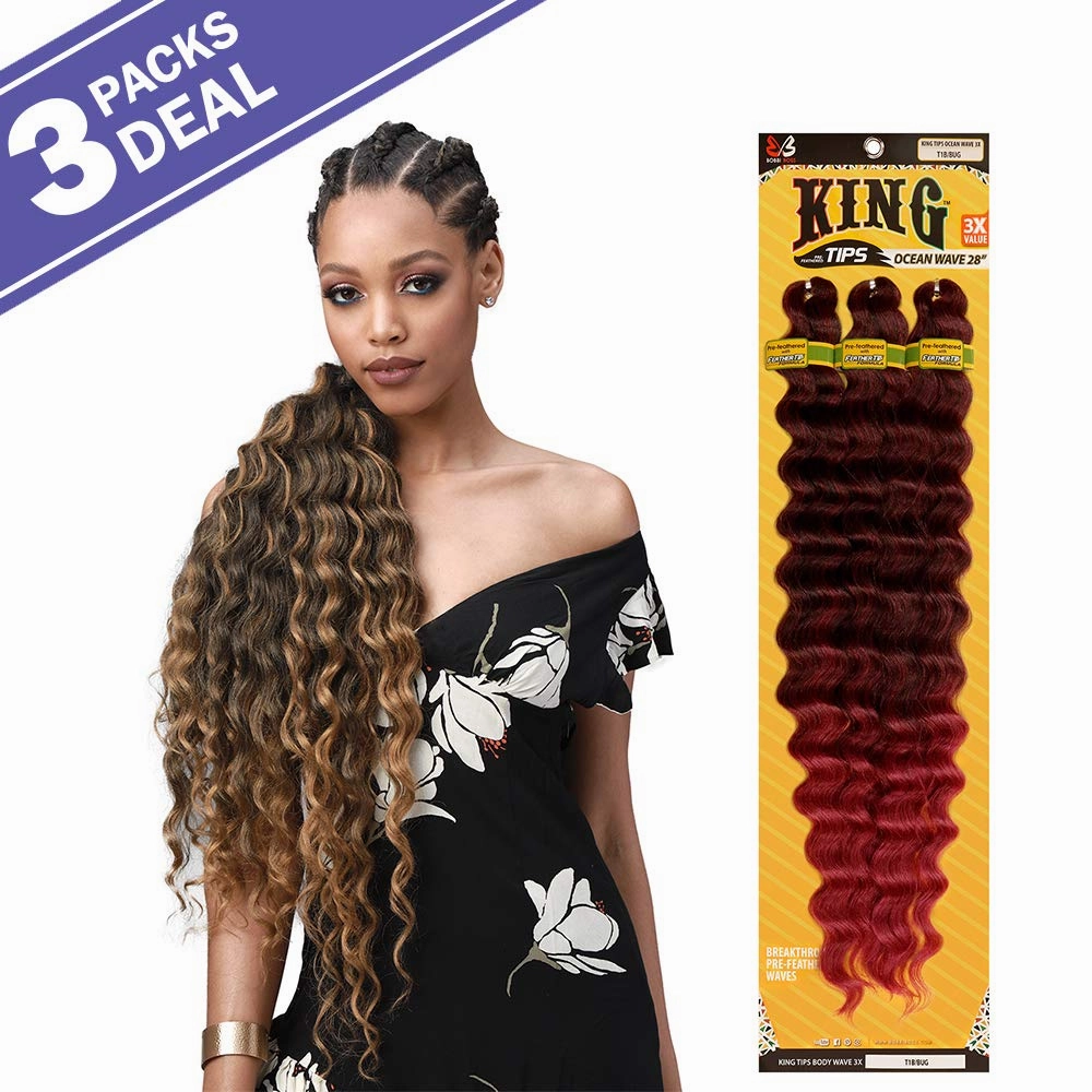 MULTI PACK DEALS! Bobbi Boss Synthetic Hair Braids Pre-Feathered 3X King Tips Ocean Wave 28" (3-PACK, T1B/27)