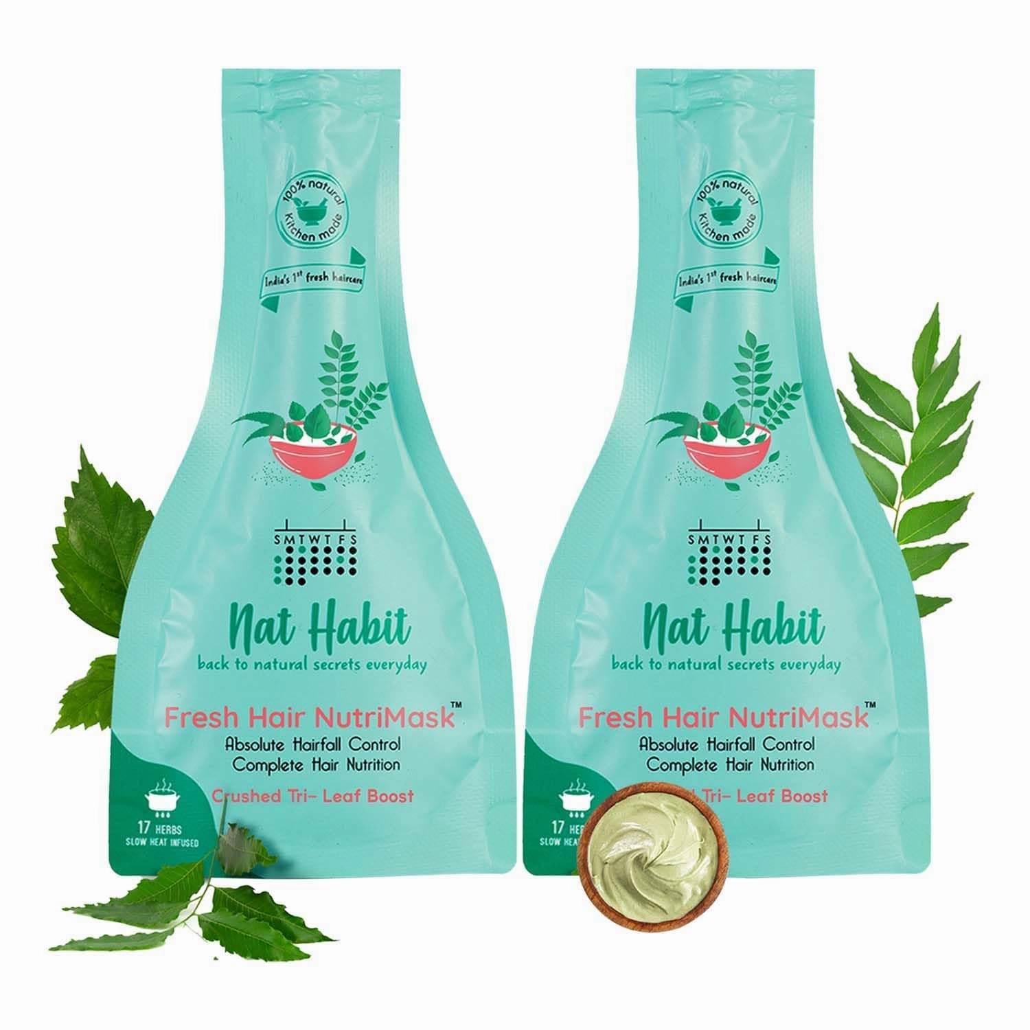 N.at Habit Crushed Tri-Leaf NutriMask - Hair Mask For Hair Fall Control, Conditioning, Smoothening, Dry & Frizzy Hair Enriched with Fresh Hibiscus Leaves, Neem, Curry Leaves, Amla (Pack of 2 x 40gm)