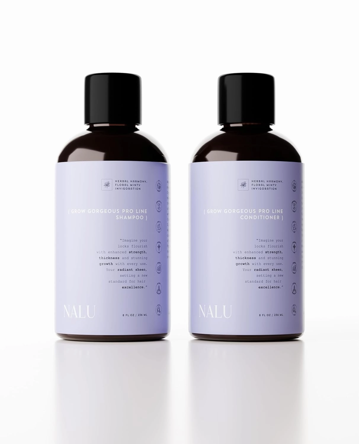 NALU Organic Grow Gorgeous Pro Line Hair Growth Activator Shampoo and Conditioner Set – Nourish, Strengthen & Promote Thicker, Fuller Hair. 8 Fl Oz Each.