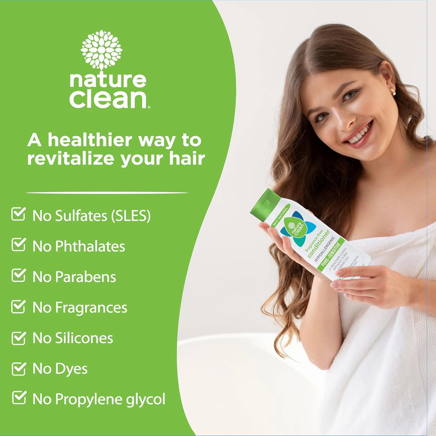 Nature Clean All-natural Sulfate-free Conditioner For Women & Men. 99.9% Natural Ingredients Non-Toxic Fragrance-Free Hypoallergenic & Unscented. Gentle Color Safe For Color-Treated Hair 10 oz / 300ml