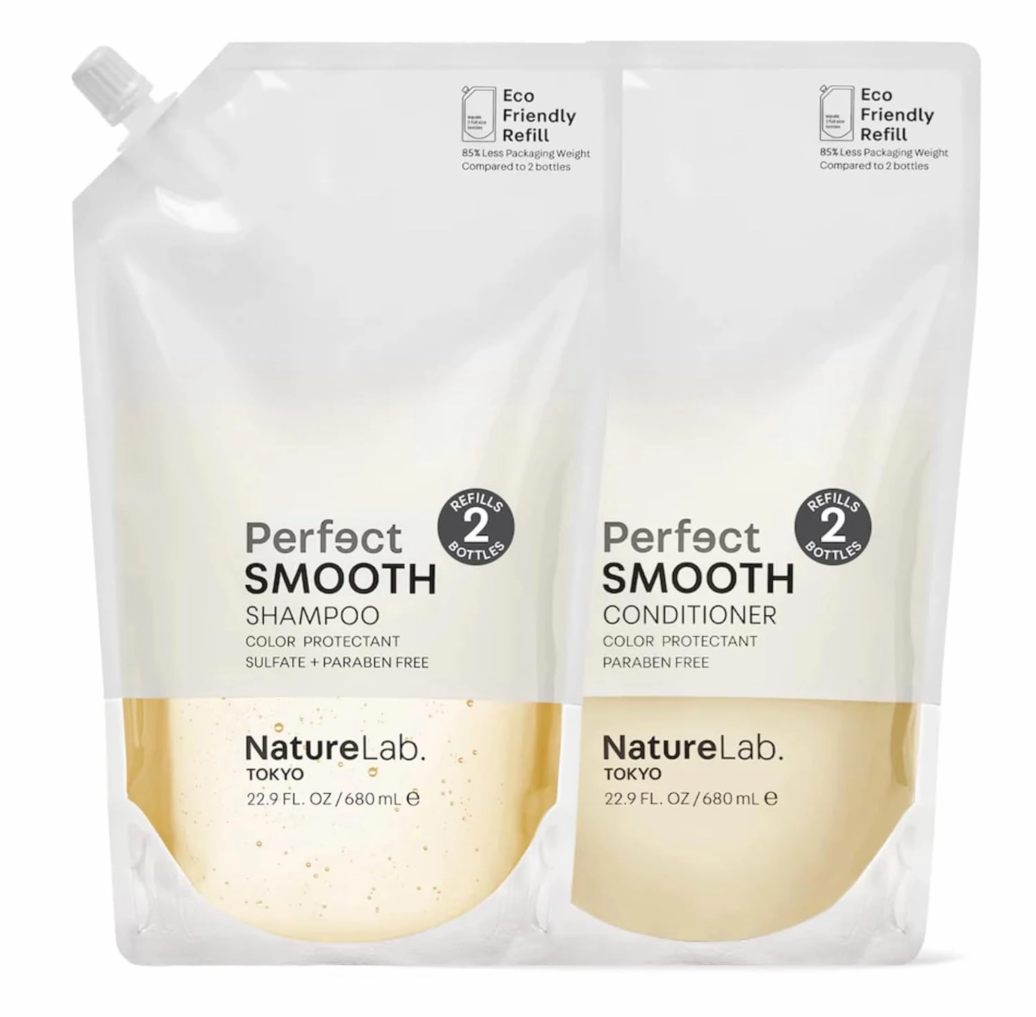 NATURELAB. TOKYO Perfect Smooth Shampoo & Conditioner Refill Duo – Moisturizes & Tames Frizz, Infused with Yuzu Ceramides, Argan & Quinoa, Eco-Friendly Pouch, 22.9 oz Each