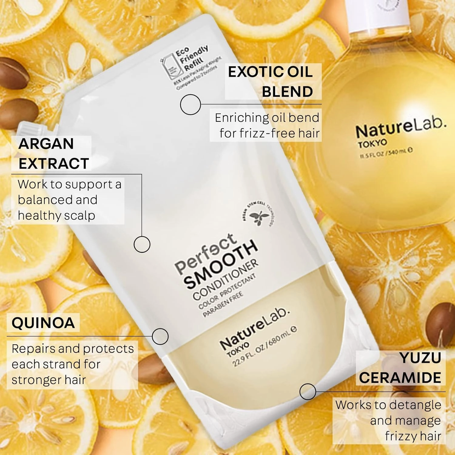NATURELAB. TOKYO Perfect Smooth Shampoo & Conditioner Refill Duo – Moisturizes & Tames Frizz, Infused with Yuzu Ceramides, Argan & Quinoa, Eco-Friendly Pouch, 22.9 oz Each