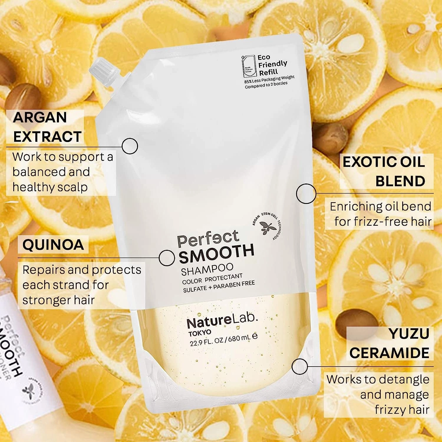 NATURELAB. TOKYO Perfect Smooth Shampoo & Conditioner Refill Duo – Moisturizes & Tames Frizz, Infused with Yuzu Ceramides, Argan & Quinoa, Eco-Friendly Pouch, 22.9 oz Each