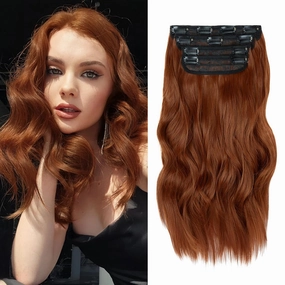 NAYOO 4PCS Clip in Hair Extensions Long Wavy Curly Synthetic Thick Hairpieces Auburn for Women with Fiber Double Weft Hair Full Head（16 Inch, Auburn）
