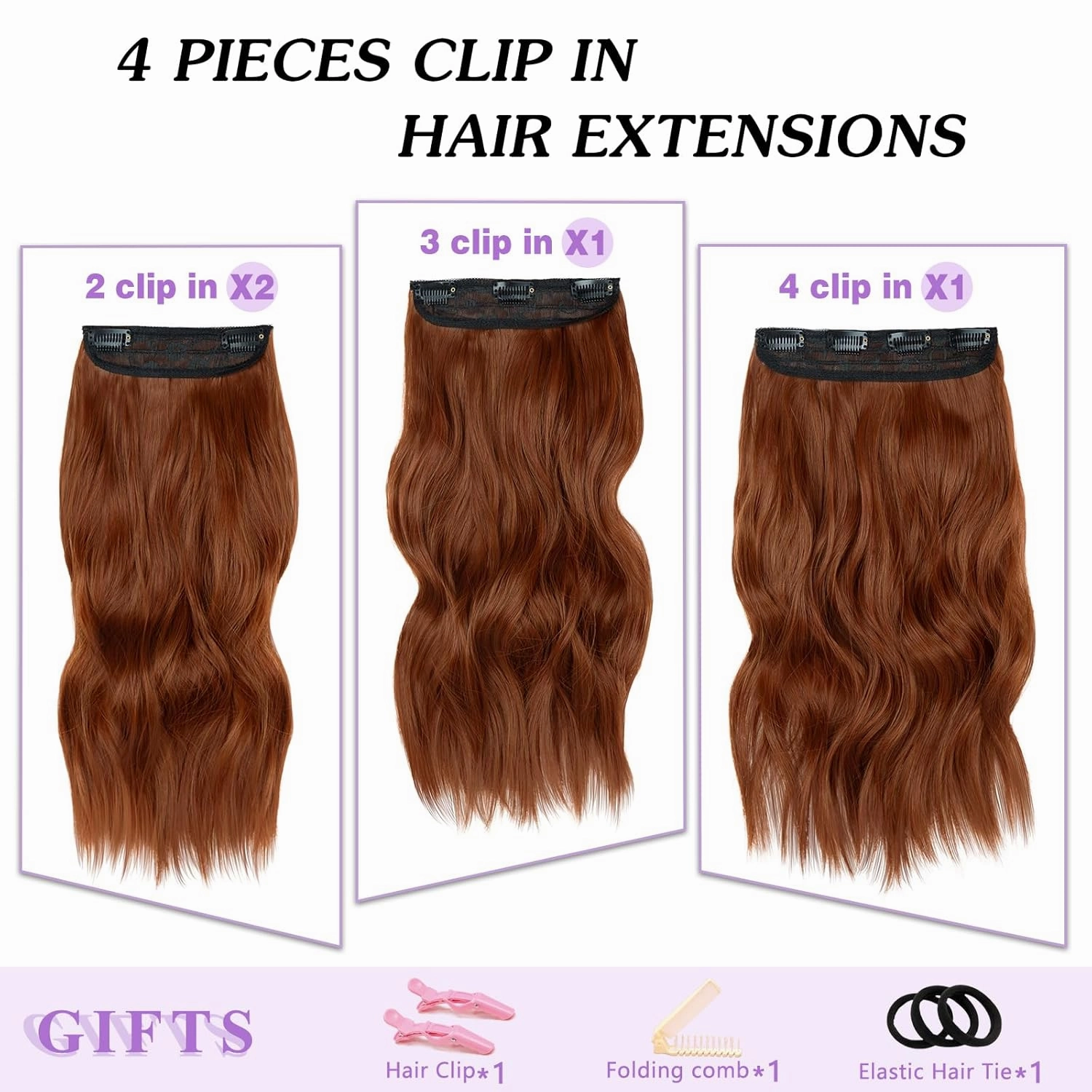 NAYOO 4PCS Clip in Hair Extensions Long Wavy Curly Synthetic Thick Hairpieces Auburn for Women with Fiber Double Weft Hair Full Head（16 Inch, Auburn）