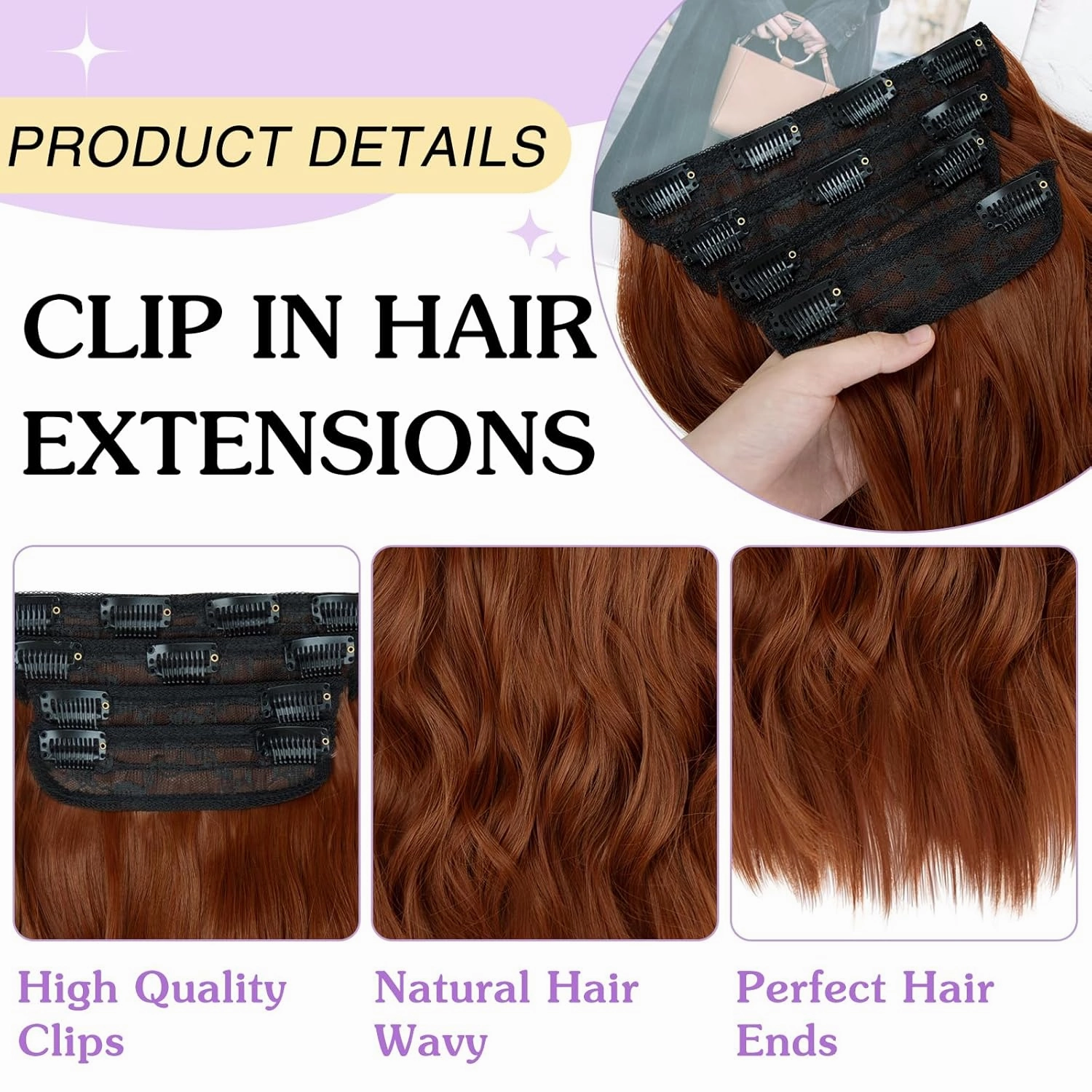 NAYOO 4PCS Clip in Hair Extensions Long Wavy Curly Synthetic Thick Hairpieces Auburn for Women with Fiber Double Weft Hair Full Head（16 Inch, Auburn）