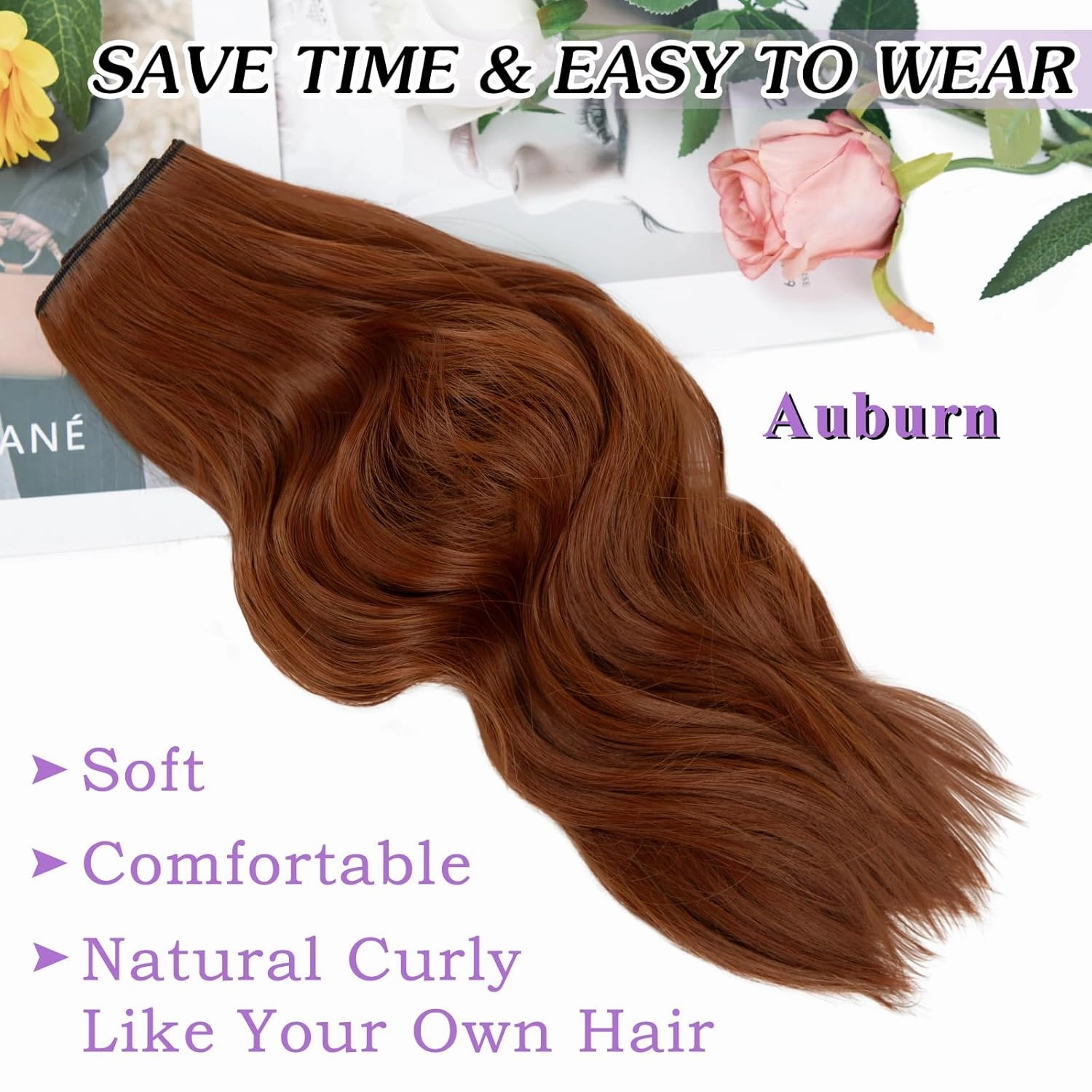 NAYOO 4PCS Clip in Hair Extensions Long Wavy Curly Synthetic Thick Hairpieces Auburn for Women with Fiber Double Weft Hair Full Head（16 Inch, Auburn）