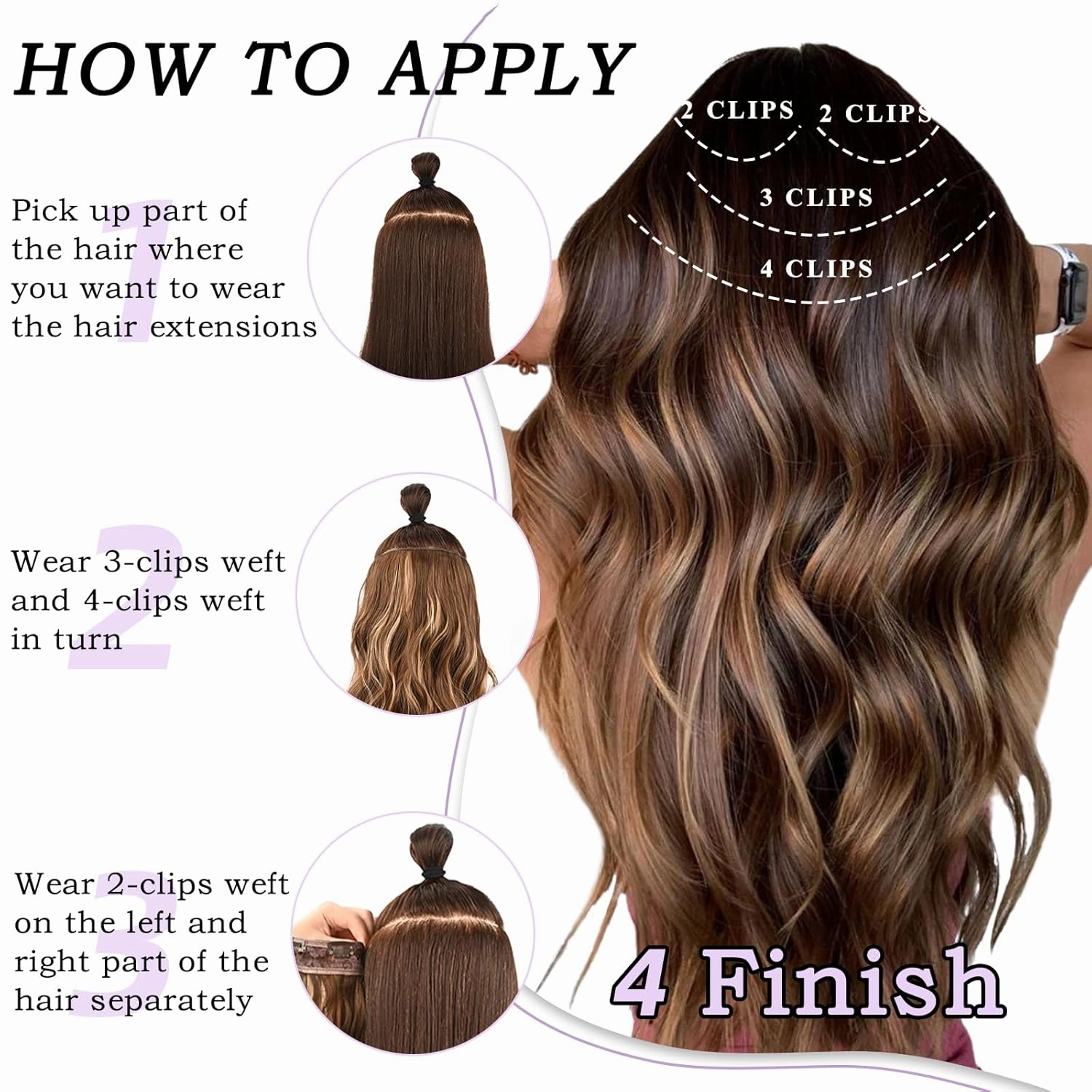 NAYOO 4PCS Clip in Hair Extensions Long Wavy Curly Synthetic Thick Hairpieces Dark Brown for Women with Fiber Double Weft Hair Full Head（16 Inch, Dark Brown）