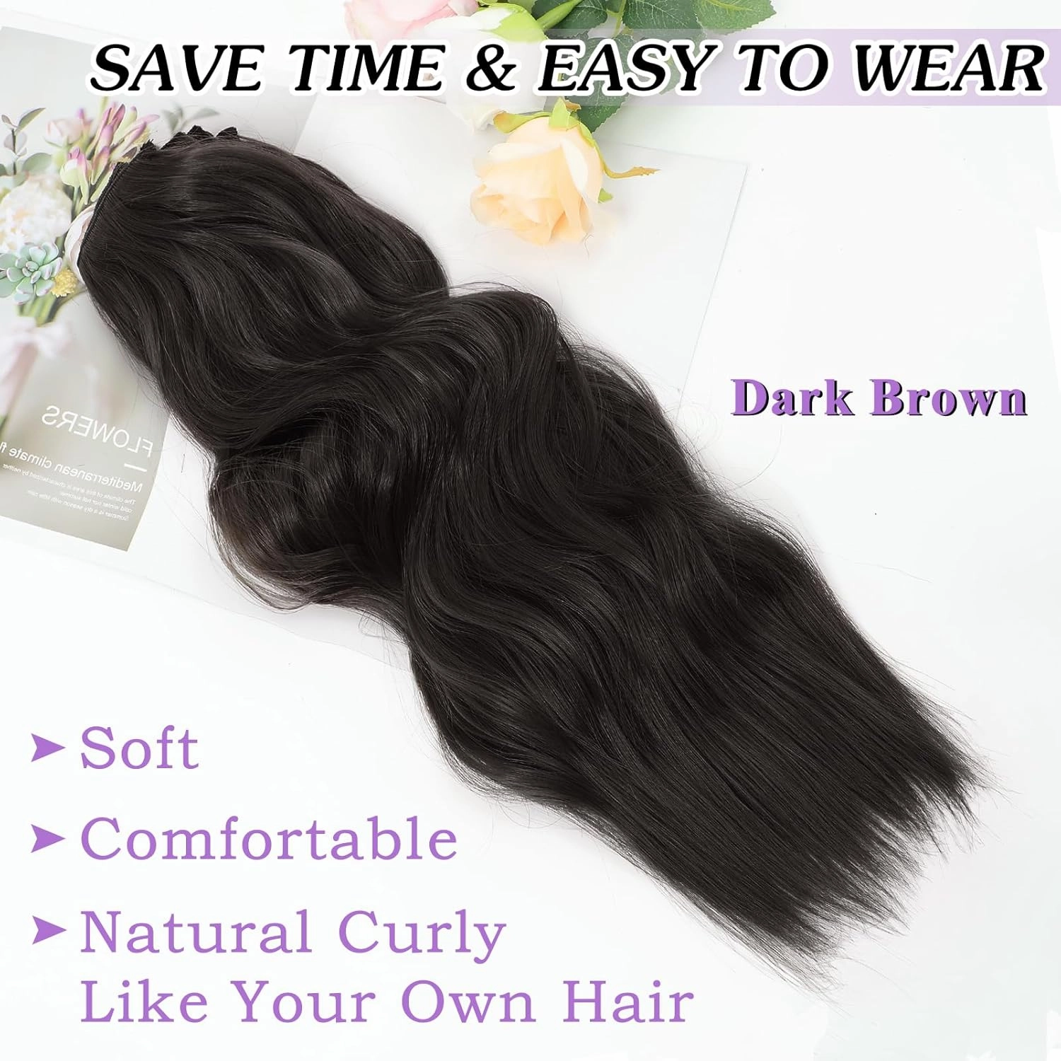 NAYOO 4PCS Clip in Hair Extensions Long Wavy Curly Synthetic Thick Hairpieces Dark Brown for Women with Fiber Double Weft Hair Full Head（16 Inch, Dark Brown）