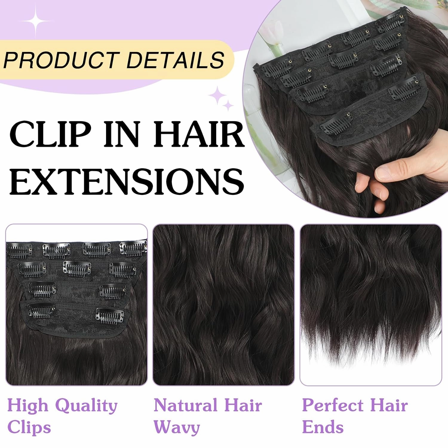 NAYOO 4PCS Clip in Hair Extensions Long Wavy Curly Synthetic Thick Hairpieces Dark Brown for Women with Fiber Double Weft Hair Full Head（16 Inch, Dark Brown）