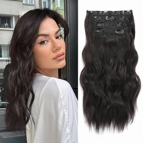 NAYOO 4PCS Clip in Hair Extensions Long Wavy Curly Synthetic Thick Hairpieces Dark Brown for Women with Fiber Double Weft Hair Full Head（16 Inch, Dark Brown）