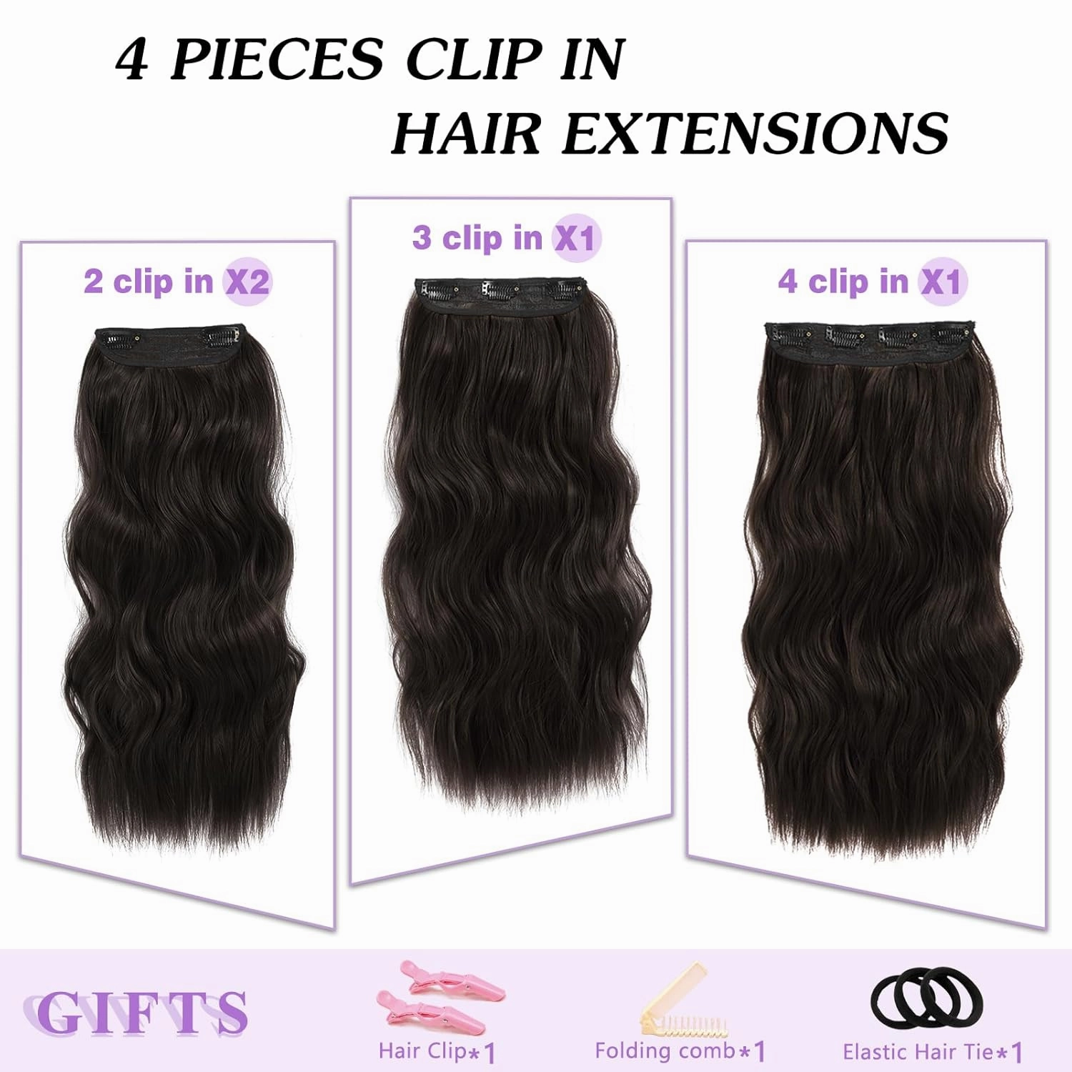 NAYOO 4PCS Clip in Hair Extensions Long Wavy Curly Synthetic Thick Hairpieces Dark Brown for Women with Fiber Double Weft Hair Full Head（16 Inch, Dark Brown）