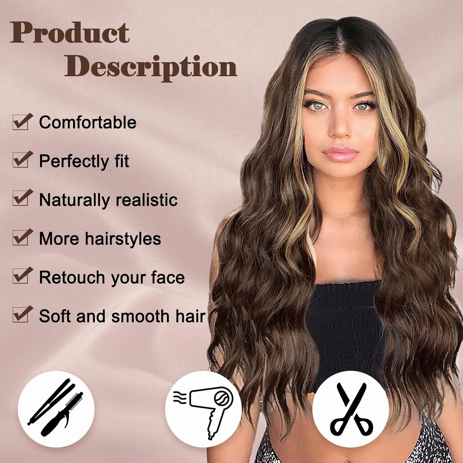 NAYOO Long Brown Mixed Blonde Wavy Wig for Women 26 Inch Middle Part Curly Wavy Wig Natural Looking Synthetic Heat Resistant Fiber for Daily Party Use (Brown Mixed Blonde)