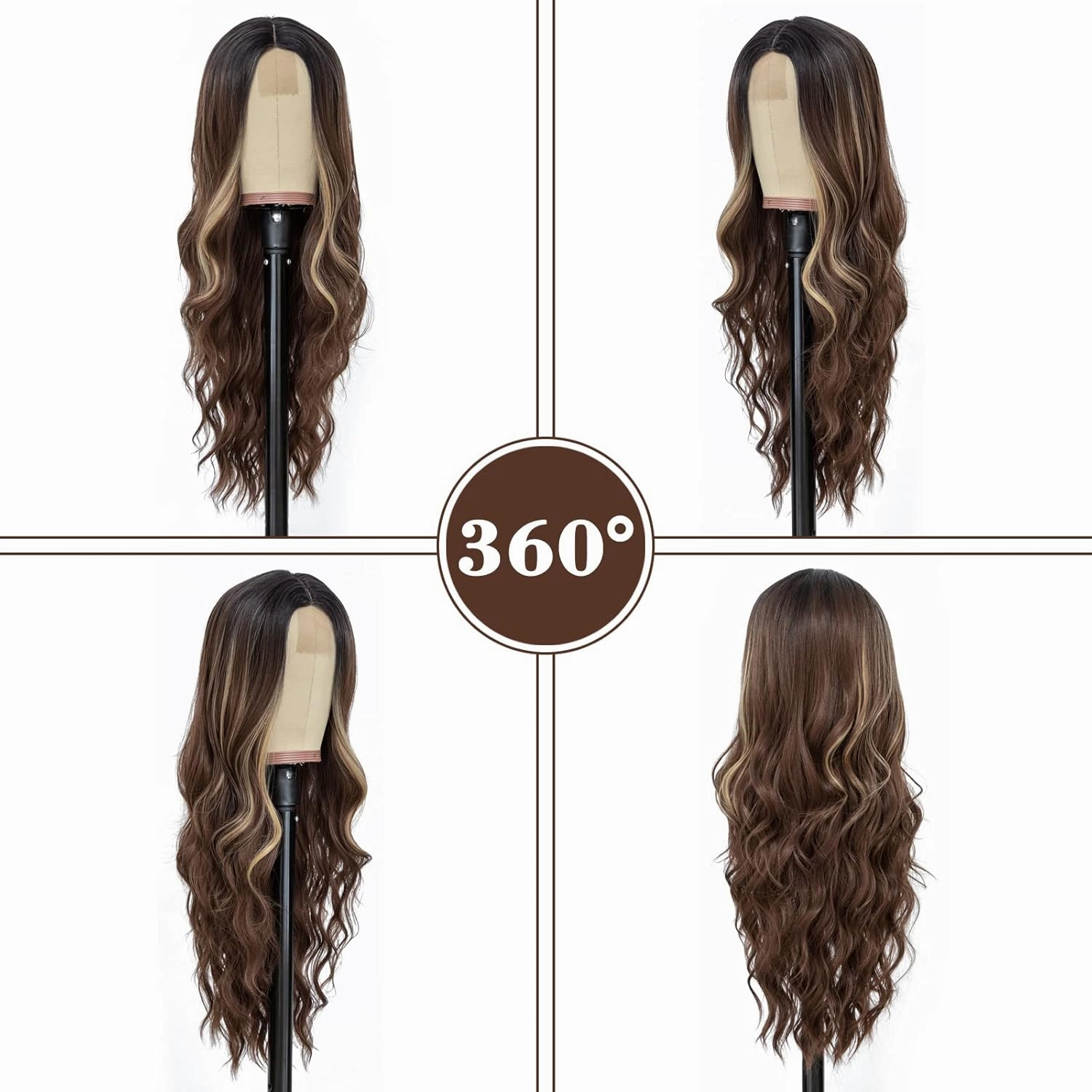 NAYOO Long Brown Mixed Blonde Wavy Wig for Women 26 Inch Middle Part Curly Wavy Wig Natural Looking Synthetic Heat Resistant Fiber for Daily Party Use (Brown Mixed Blonde)