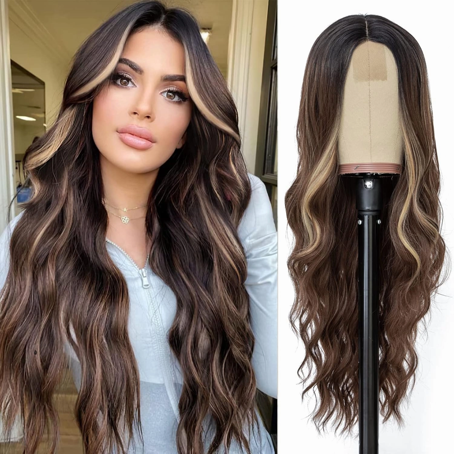 NAYOO Long Brown Mixed Blonde Wavy Wig for Women 26 Inch Middle Part Curly Wavy Wig Natural Looking Synthetic Heat Resistant Fiber for Daily Party Use (Brown Mixed Blonde)