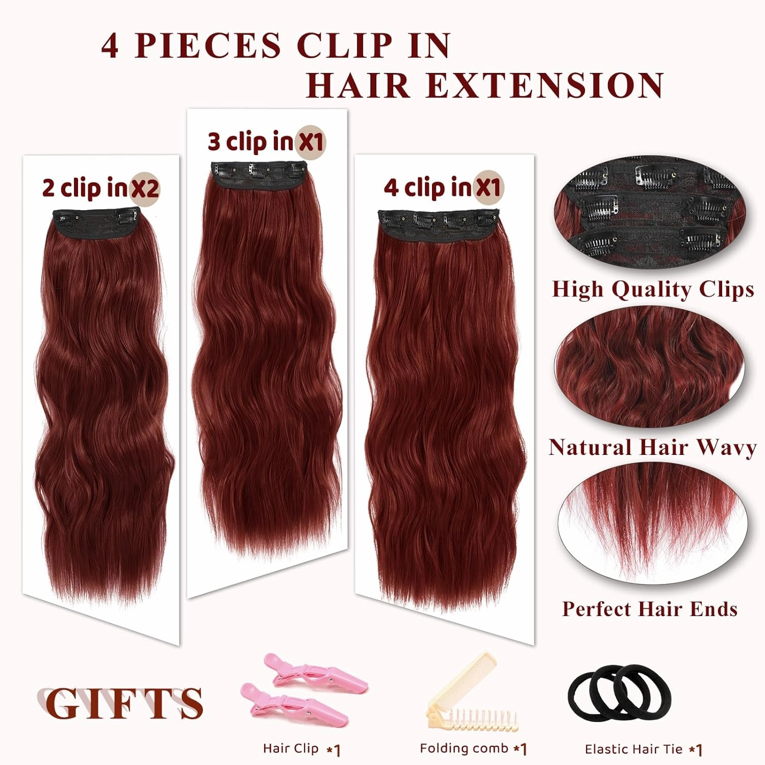 NAYOO Wine Red Hair Clip Extension for Women 4PCS Thick Hairpieces Long Wavy Natural Synthetic Clip in Hair Extensions（20 inch, Wine Red）