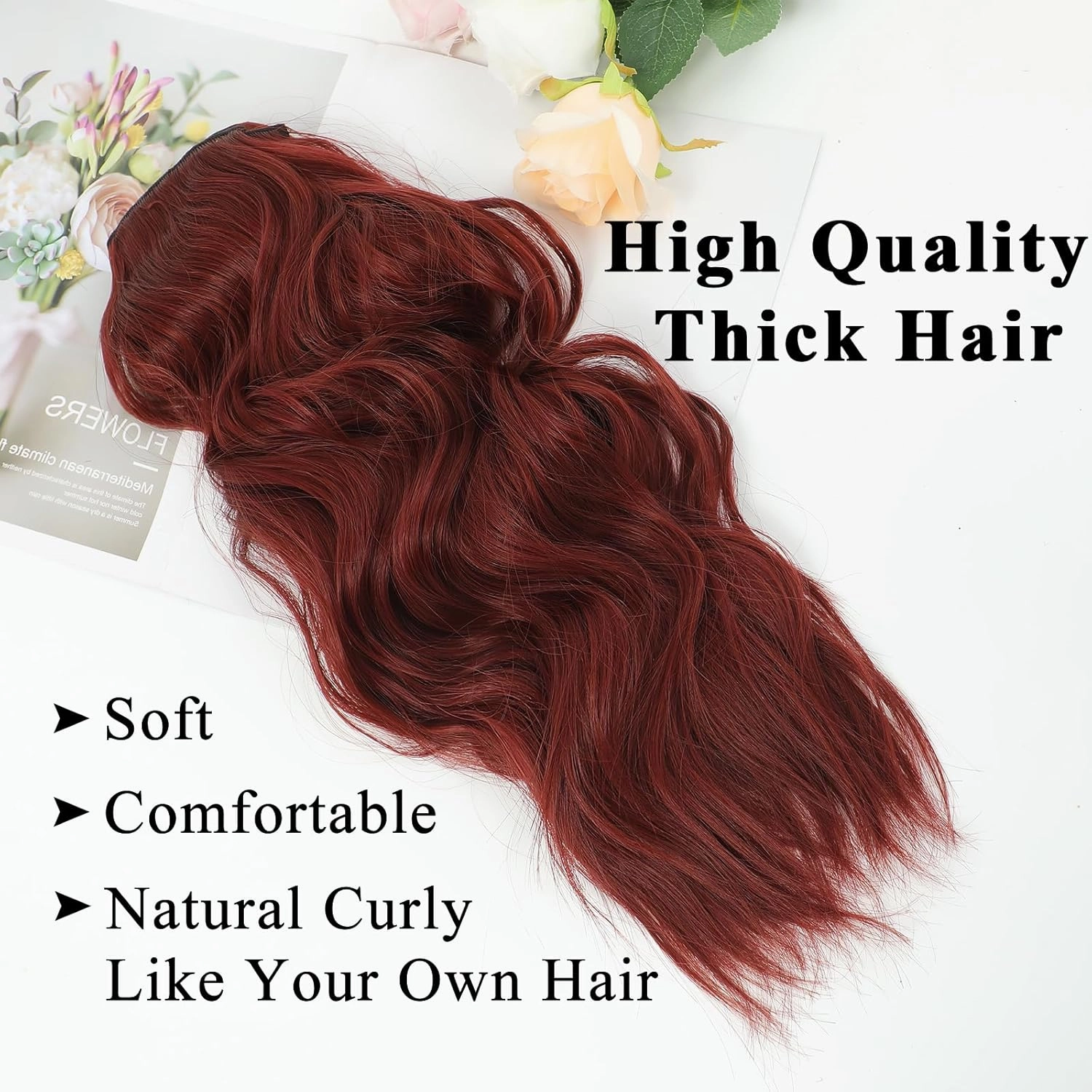 NAYOO Wine Red Hair Clip Extension for Women 4PCS Thick Hairpieces Long Wavy Natural Synthetic Clip in Hair Extensions（20 inch, Wine Red）