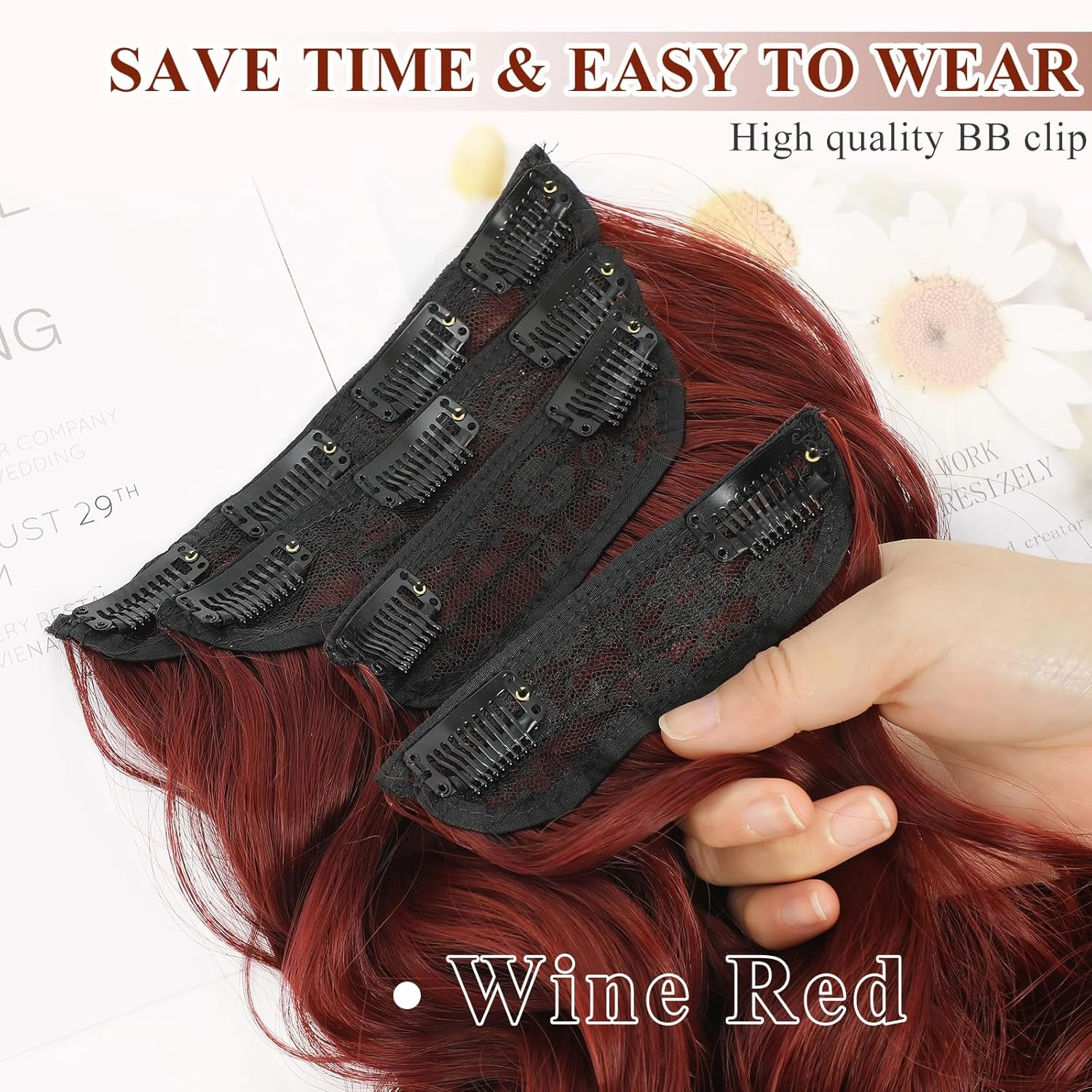 NAYOO Wine Red Hair Clip Extension for Women 4PCS Thick Hairpieces Long Wavy Natural Synthetic Clip in Hair Extensions（24 inch, Wine Red）