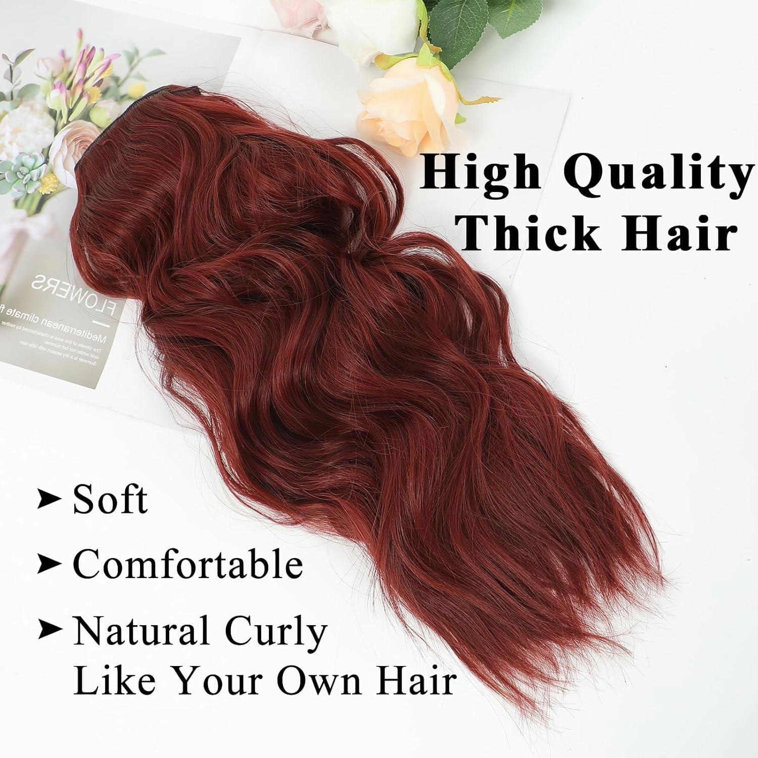 NAYOO Wine Red Hair Clip Extension for Women 4PCS Thick Hairpieces Long Wavy Natural Synthetic Clip in Hair Extensions（24 inch, Wine Red）
