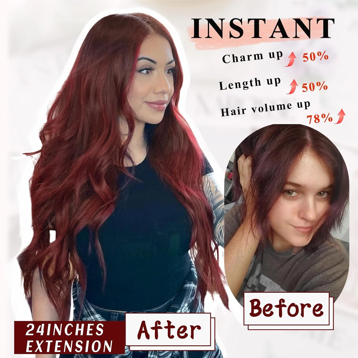 NAYOO Wine Red Hair Clip Extension for Women 4PCS Thick Hairpieces Long Wavy Natural Synthetic Clip in Hair Extensions（24 inch, Wine Red）
