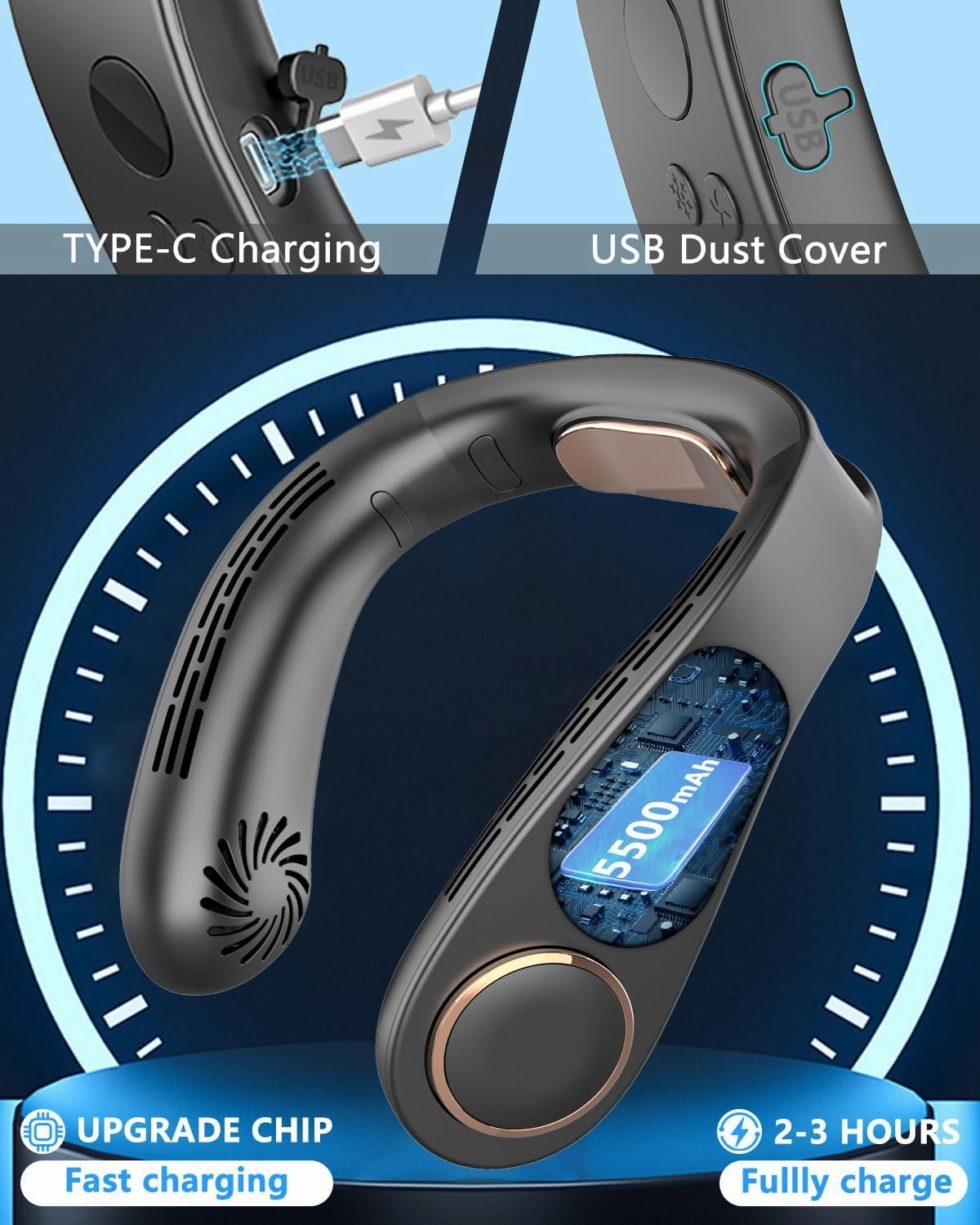 Neck Fan Air Conditioner-5500mAh Portable Neck Fans that Blow Cold Air, Personal Small Bladeless Neck Ac Fan, Best USB Rechargeable Battery Operated Metal Cooling Plate Neck Cooler for Women Men Black