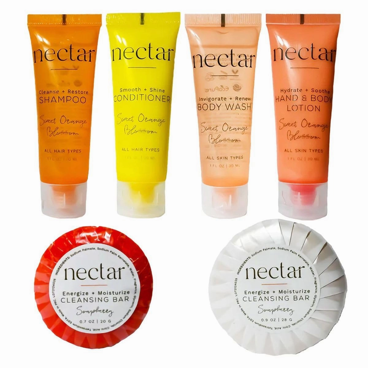 Nectar Mini Travel Size Toiletries Bathroom Kit | Sweet Orange Blossom| Shampoo, Conditioner, Body Wash, Lotion, Two Round Cleansing Bars and Body Bar