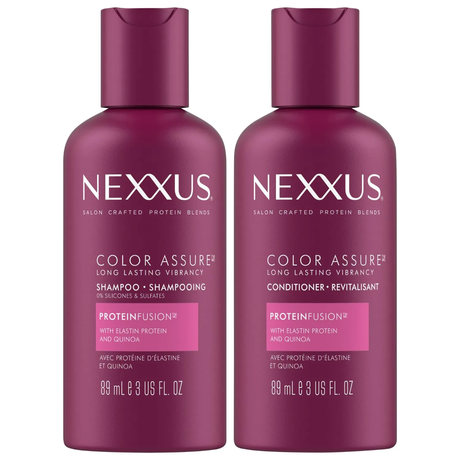 Nexxus Travel Shampoo and Conditioner, Color Assure – Replenishes and Extends Hair Color Vibrancy, 3 Oz Ea