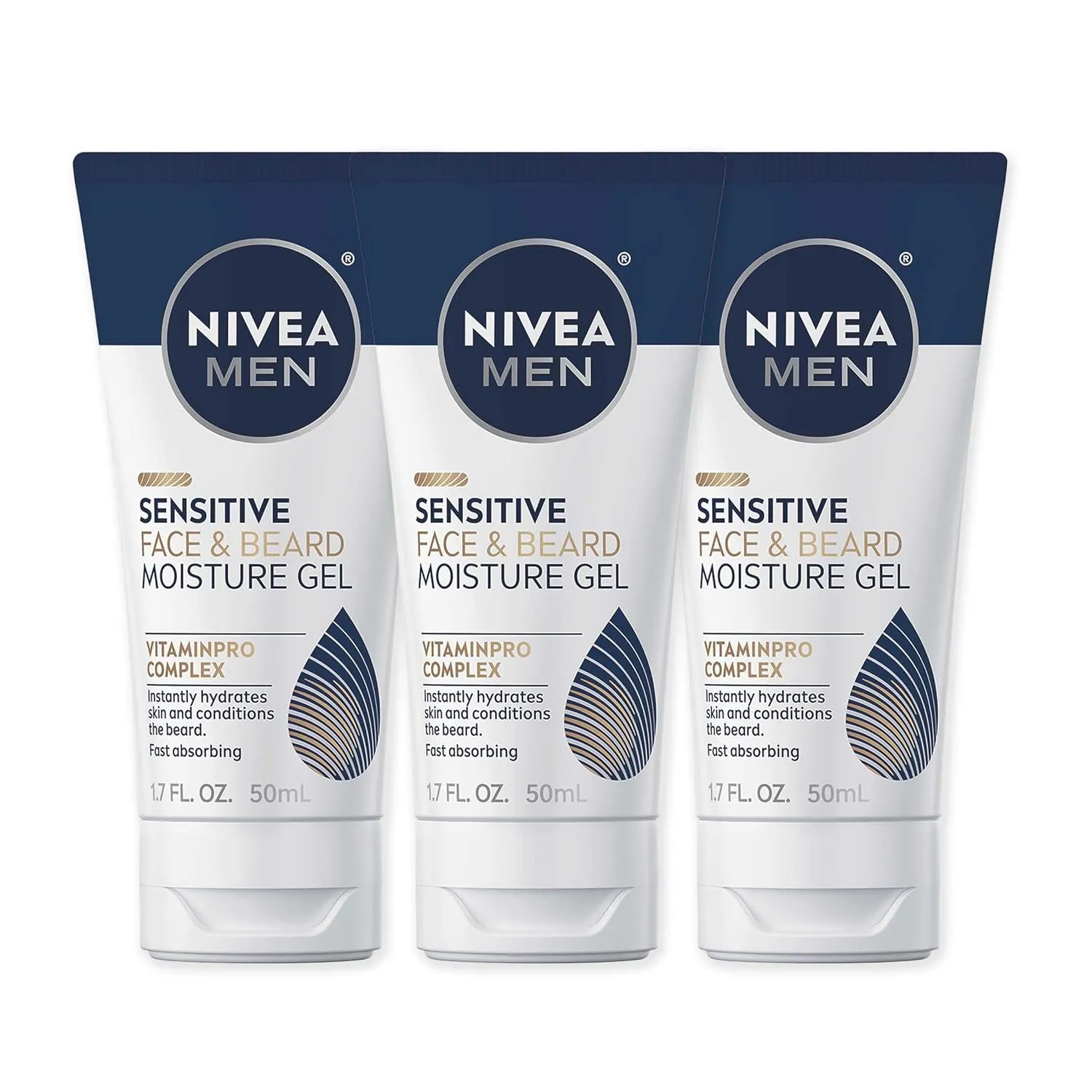 NIVEA Men Sensitive Face and Beard Moisture Gel, Gentle Face and Beard Moisturizer for Men Instantly Hydrates Skin and Conditions Facial Hair, 1.7 Fl Oz Tube, Pack of 3