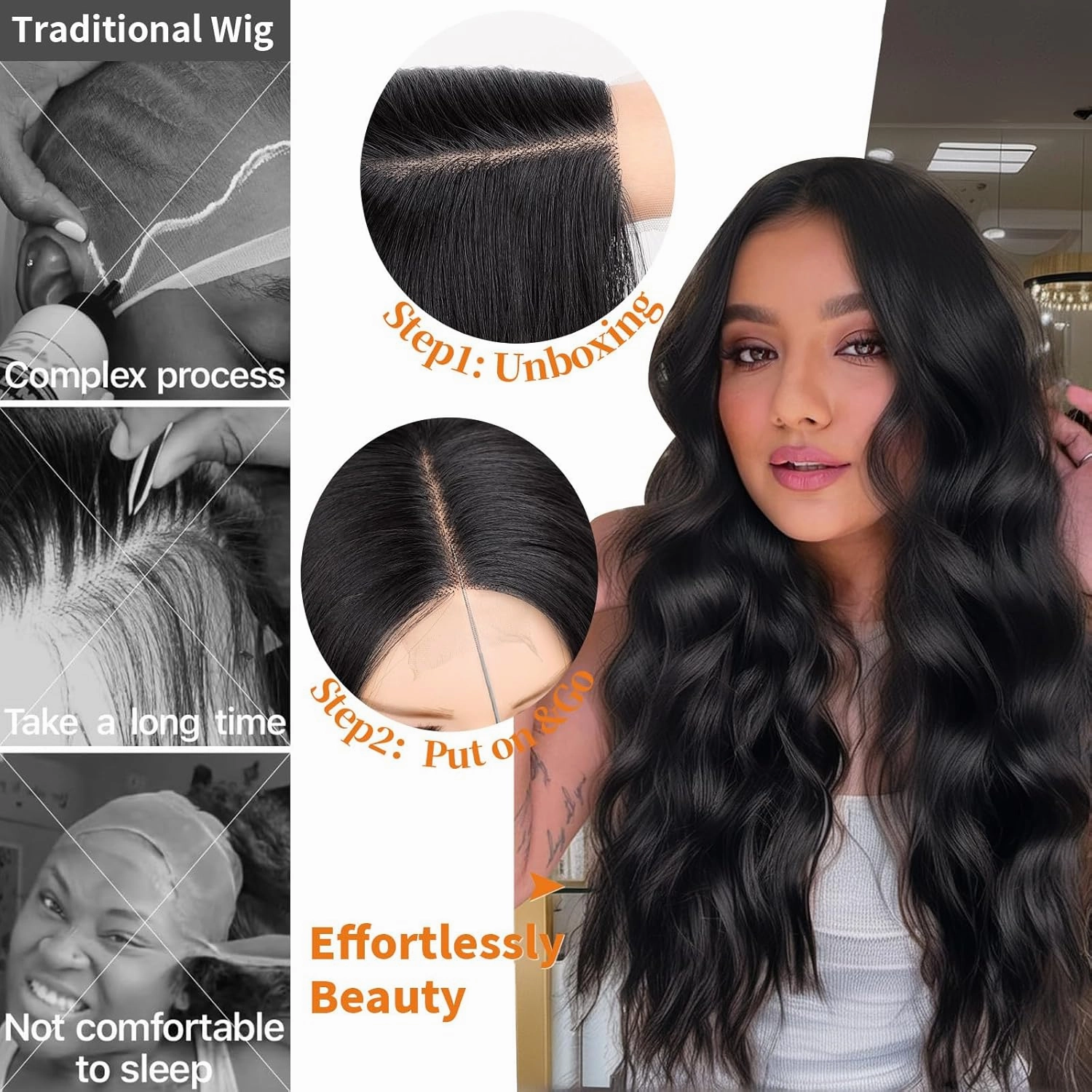 Nnzes Long Black Wavy Wig 4x1 Lace Natural Hairline Middle Part Curly Heat-Resistant Synthetic Fiber for Women & Beginners Daily Party Use 26In